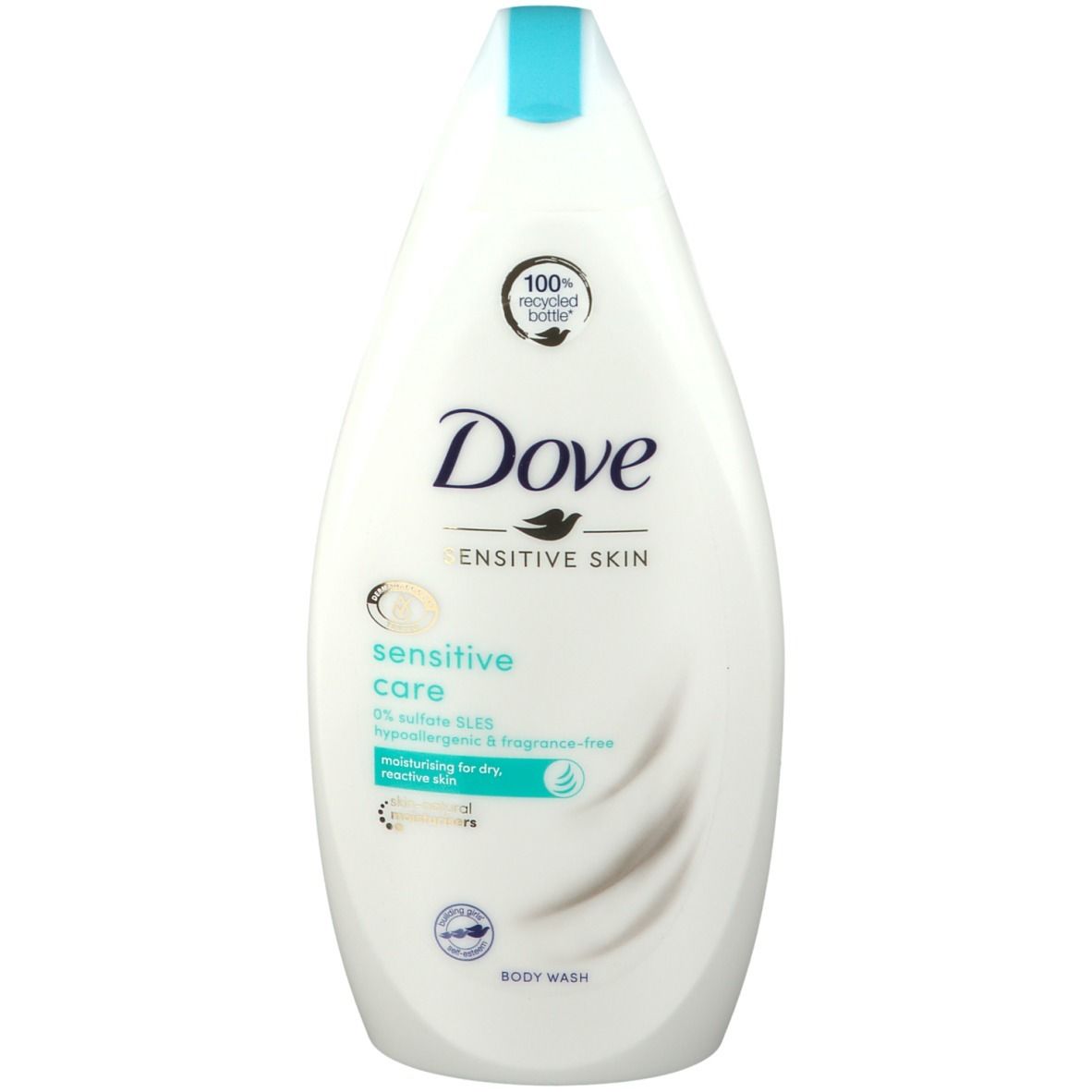 Gel douche Dove blanc, ovale, bouchon bleu. Inscription : Sensitive Care, 0% sulfates SLES, hypoallergénique, sans parfum.