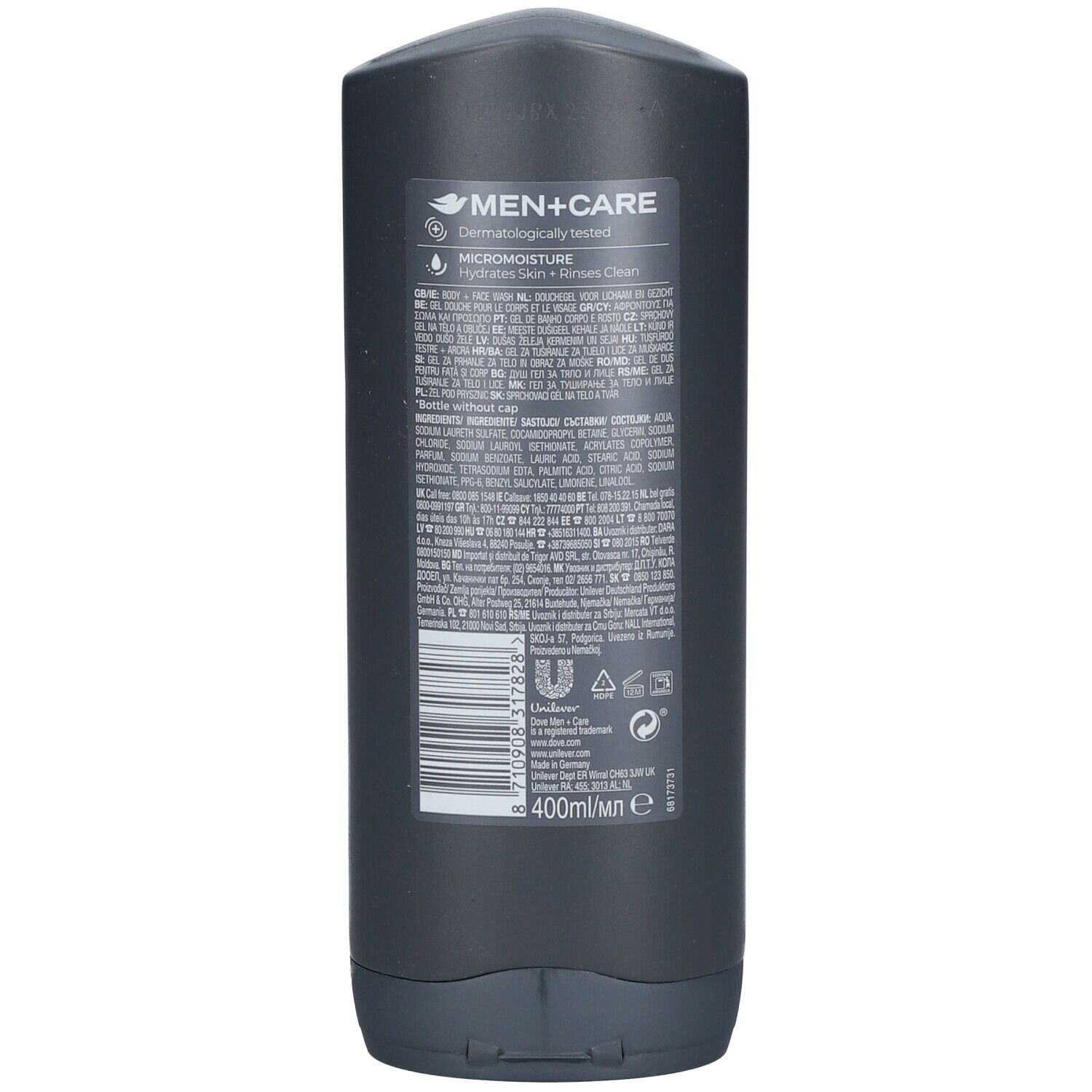 Achterkant van de donkergrijze fles. Tekst met ingrediënten en informatie. Barcode.