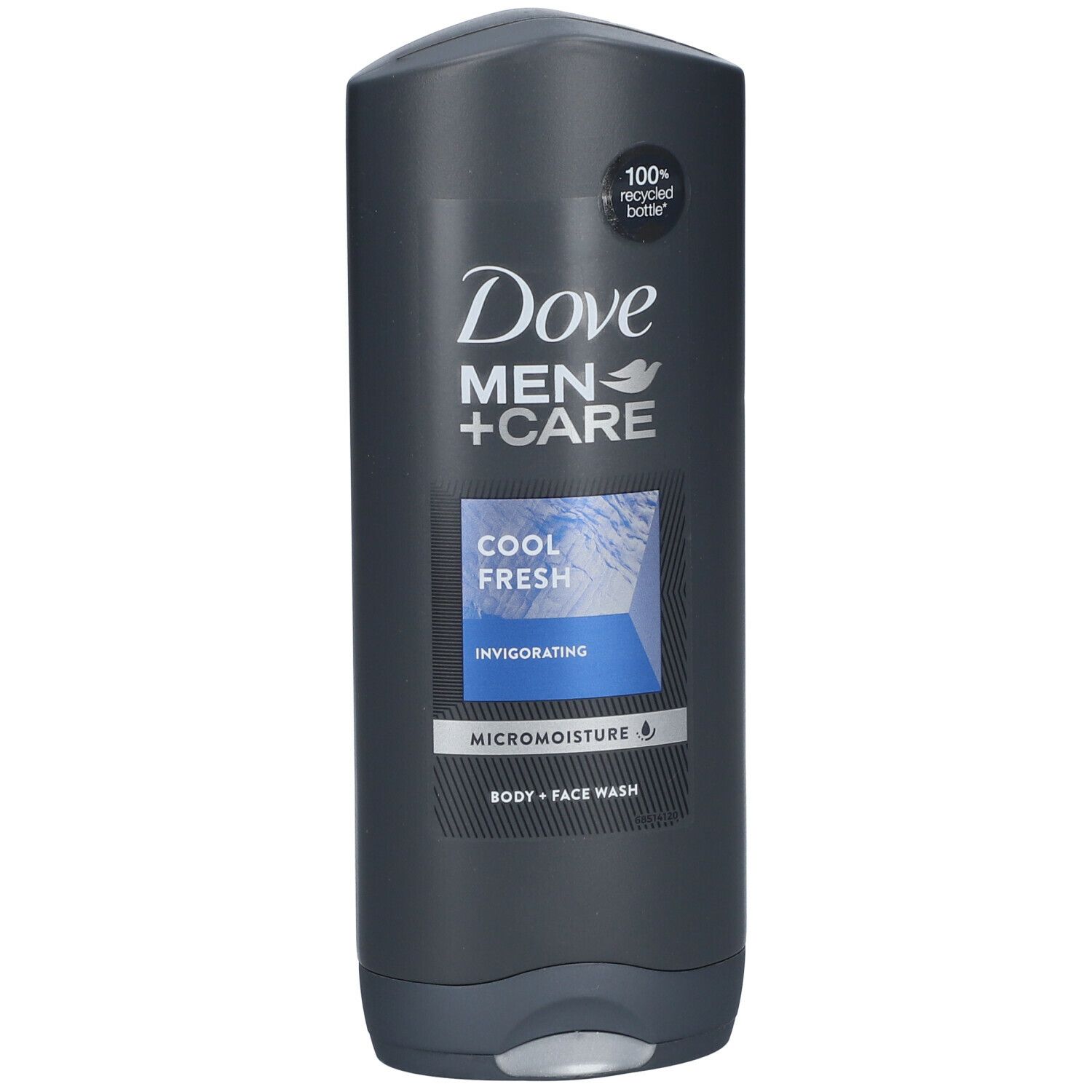 Donkergrijze fles met Dove Men+Care logo en Cool Fresh label. 100% gerecyclede fles.