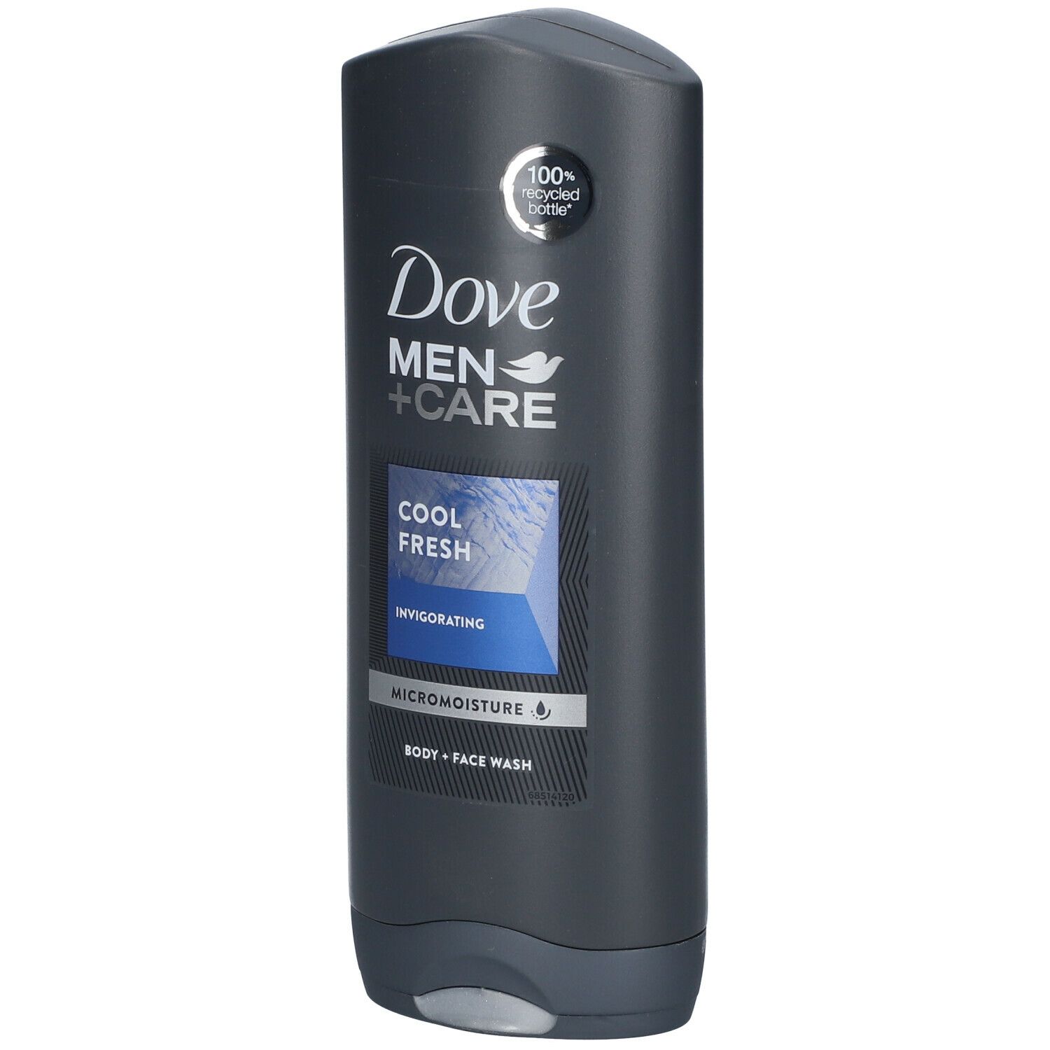 Donkergrijze fles met Dove Men+Care logo en Cool Fresh label. 100% gerecyclede fles.
