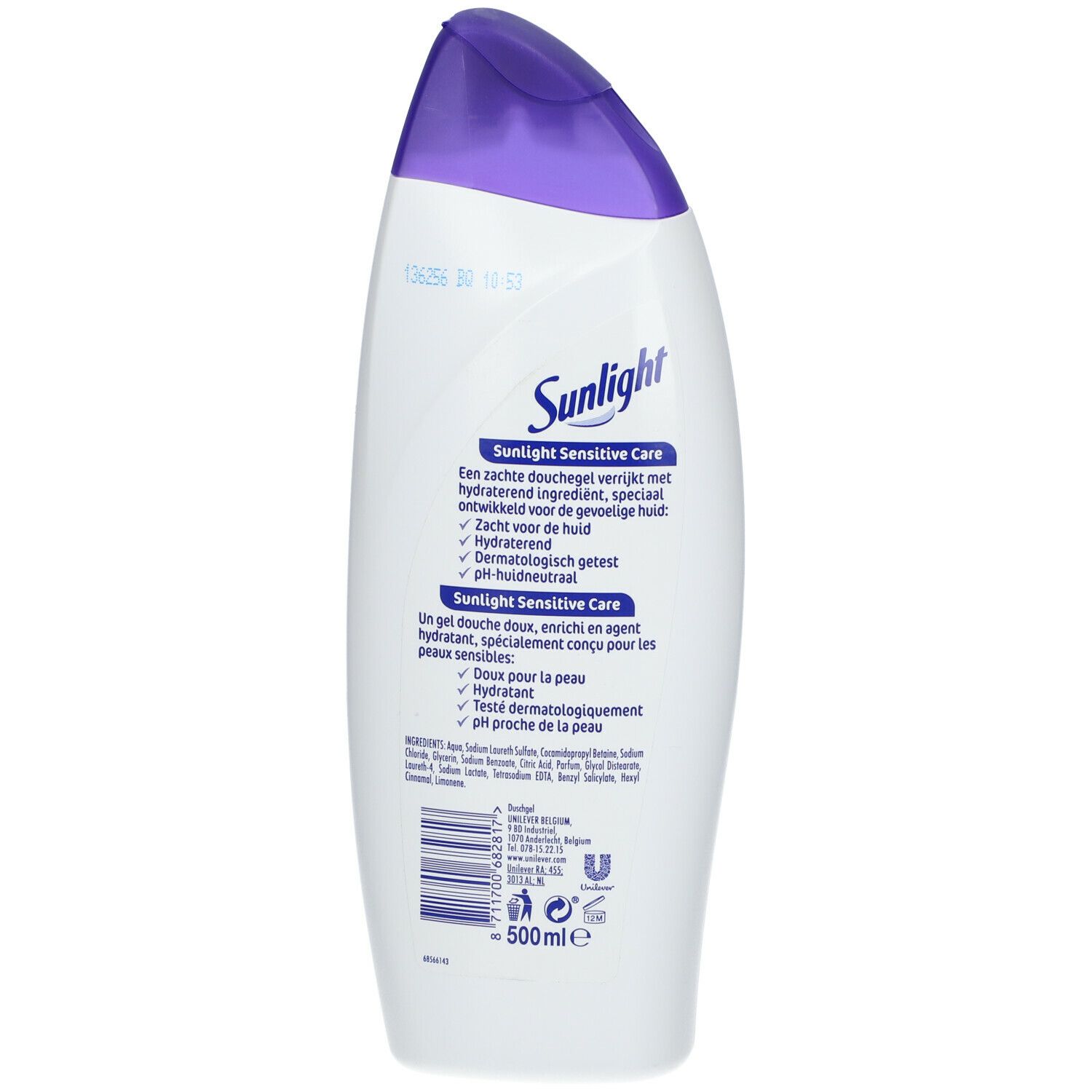 Flacon blanc et violet avec logo Sunlight et nom du produit. Texte en néerlandais et français. Contenance 500 ml.