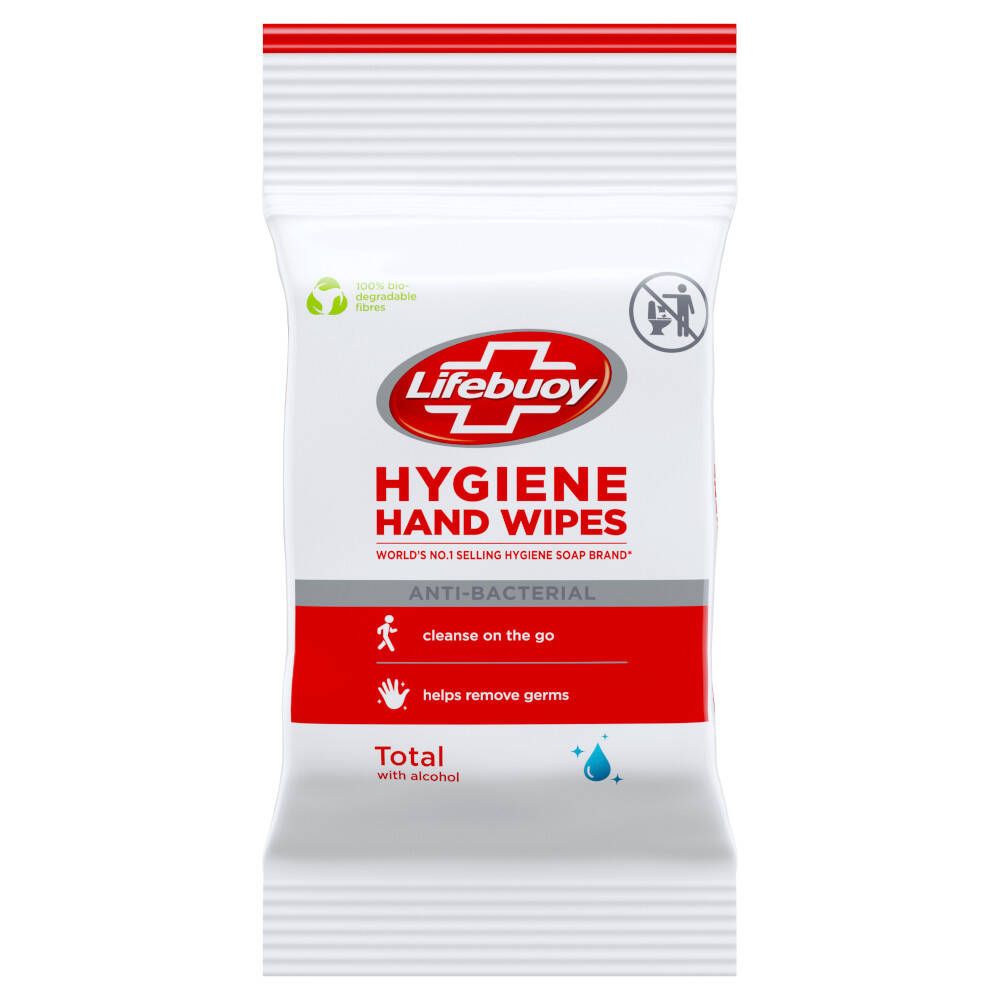 Weiße Verpackung mit rotem Streifen. Lifebuoy Hygiene Handtücher, Logo und Text. Antibakteriell, reinigt unterwegs.