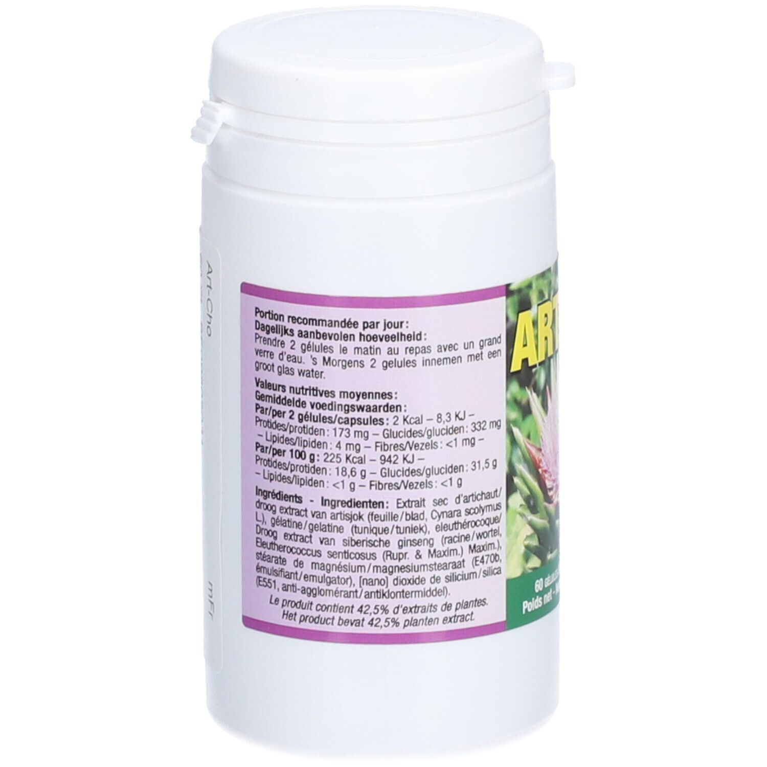 Achterkant van de witte pot. Paarse tekst. Voedingswaarde, ingrediënten, aanbevolen dagelijkse dosis. 60 capsules. Artisjokextract.
