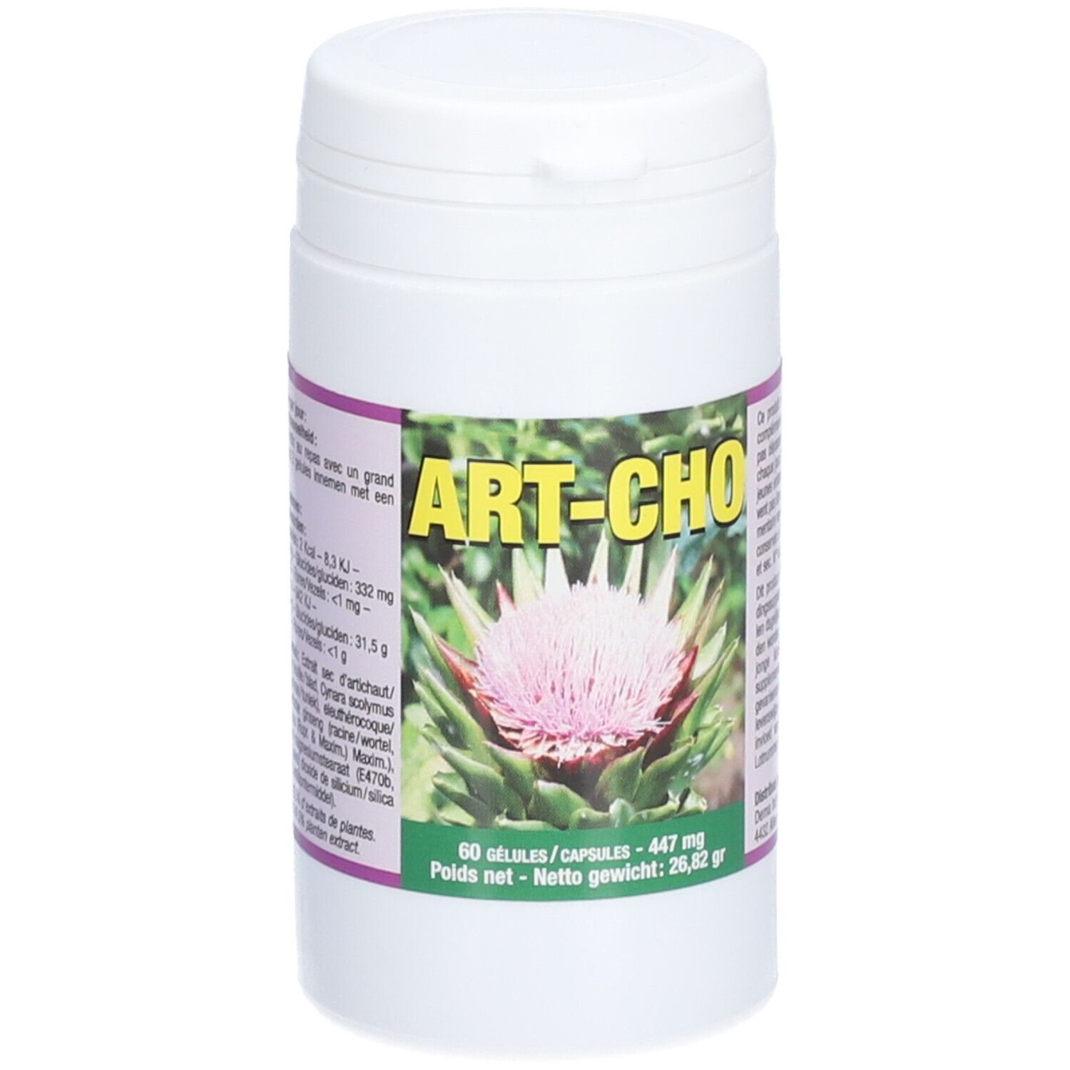 Witte pot met deksel. Opschrift: ART-CHO, artisjokbloem. Tekst in groen en paars. 60 capsules, 447 mg, 26,82 g.