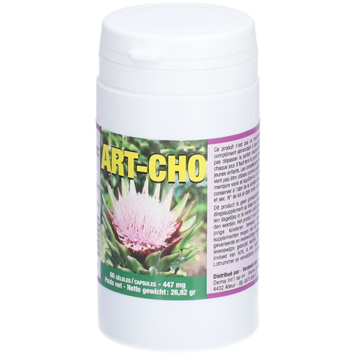 Witte pot met deksel. Opschrift: ART-CHO, artisjokbloem. Tekst in groen en paars. 60 capsules, 447 mg, 26,82 g.