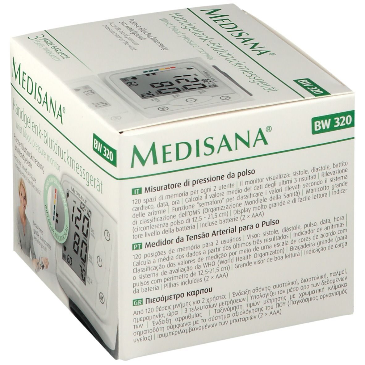 Verpakking van de Medisana polsbloeddrukmeter BW 320. Meertalige tekst. Weergave van het apparaat.