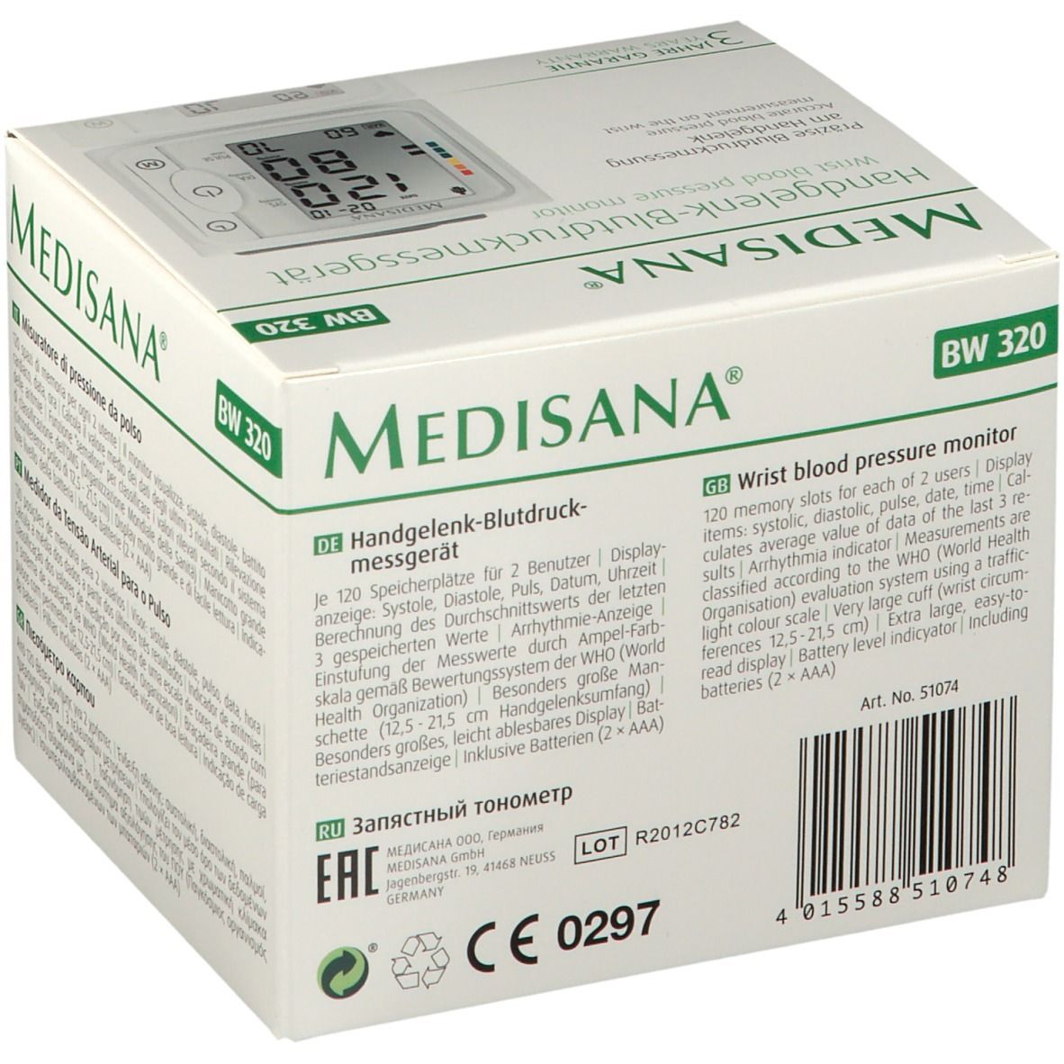 Verpakking van de Medisana polsbloeddrukmeter BW 320. Achterkant met technische specificaties, CE-markering, barcode.