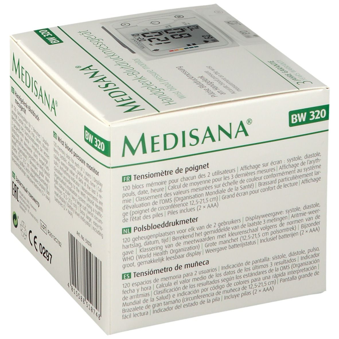 Verpakking van de Medisana polsbloeddrukmeter BW 320. Achterkant met technische specificaties, CE-markering, barcode.