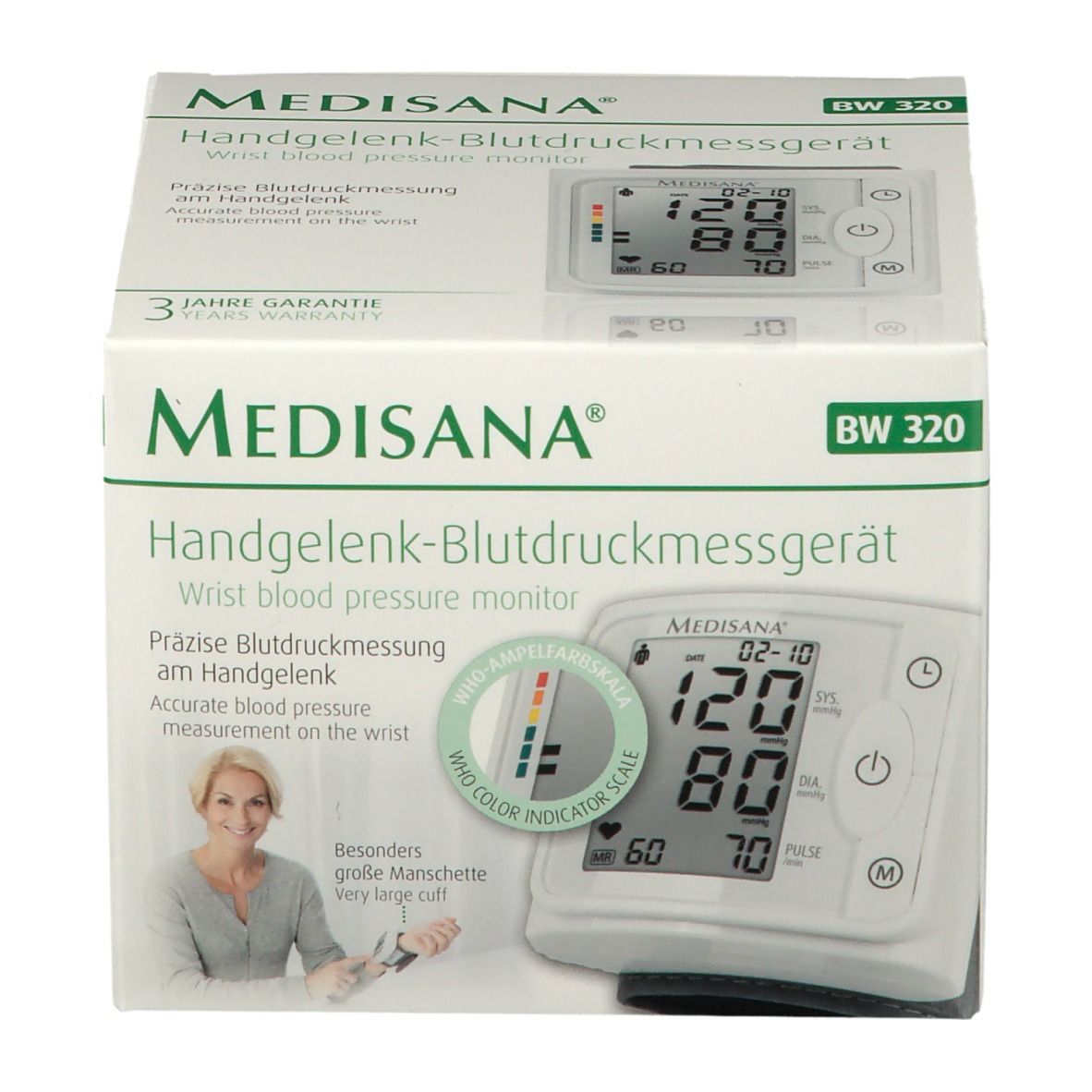 Verpakking van de Medisana polsbloeddrukmeter BW 320. Voorkant met productafbeelding en display.
