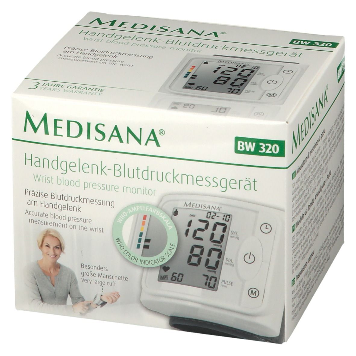 Verpakking van de Medisana polsbloeddrukmeter BW 320. Voorkant met productafbeelding en display.
