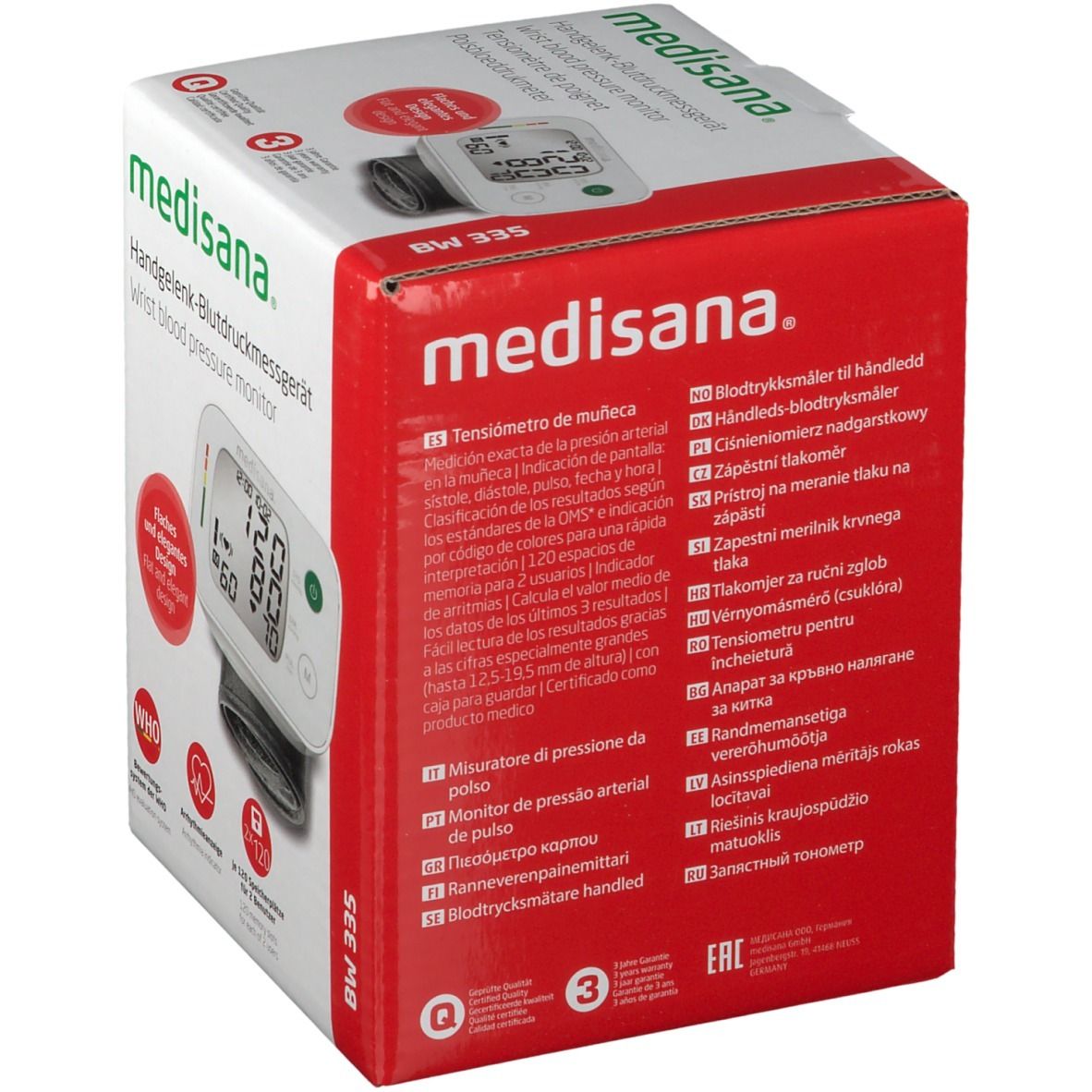 Verpackung des Handgelenk-Blutdruckmessgeräts BW 335. Rote und weiße Verpackung mit Produktabbildung und mehrsprachigen Texten.