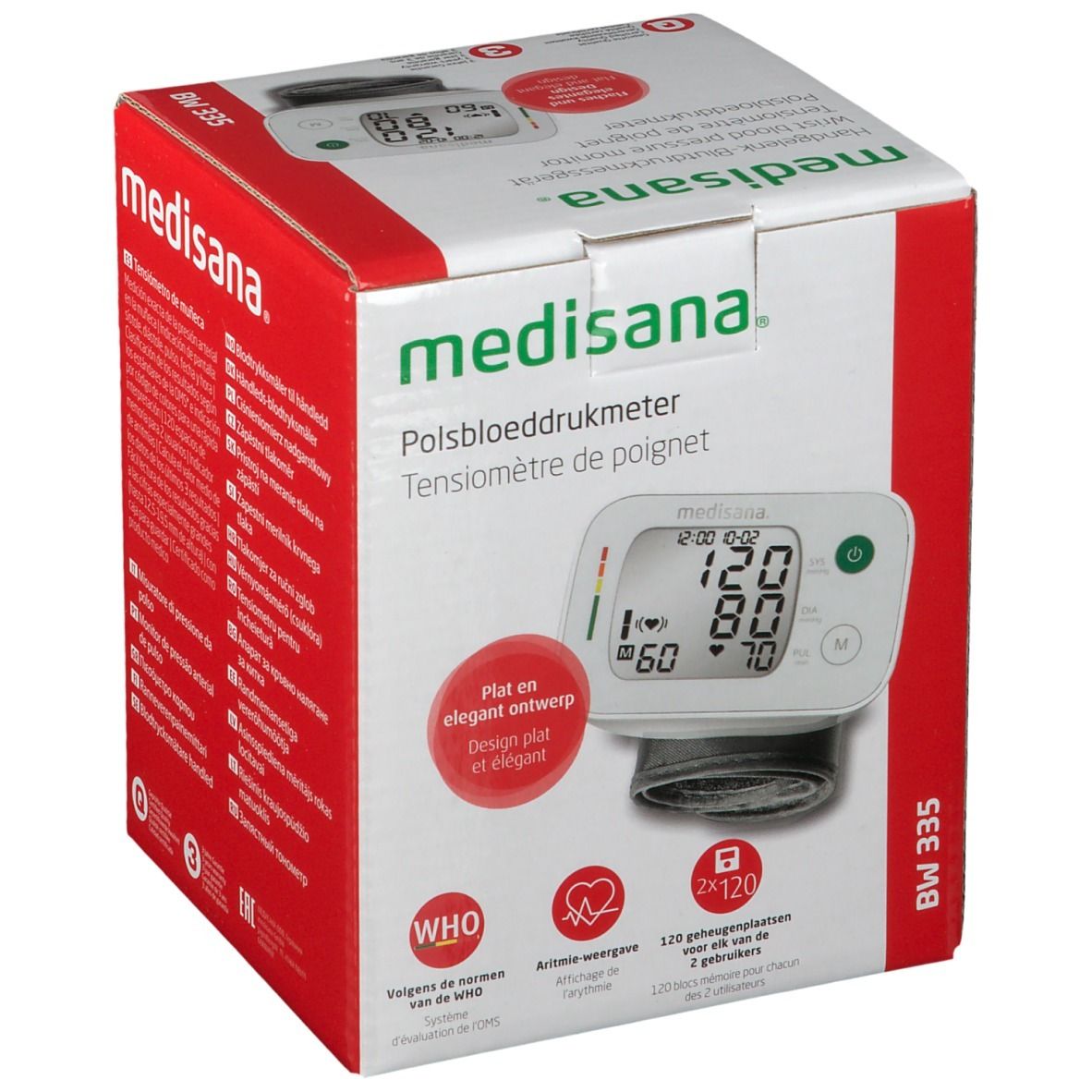 Verpackung des Handgelenk-Blutdruckmessgeräts BW 335. Roter und weißer Karton mit Produktabbildung und Medisana-Logo.