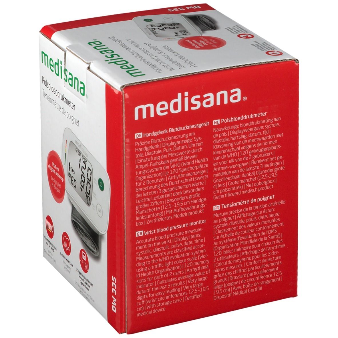 Verpackung des Handgelenk-Blutdruckmessgeräts BW 335. Roter und weißer Karton mit Produktabbildung und Text.
