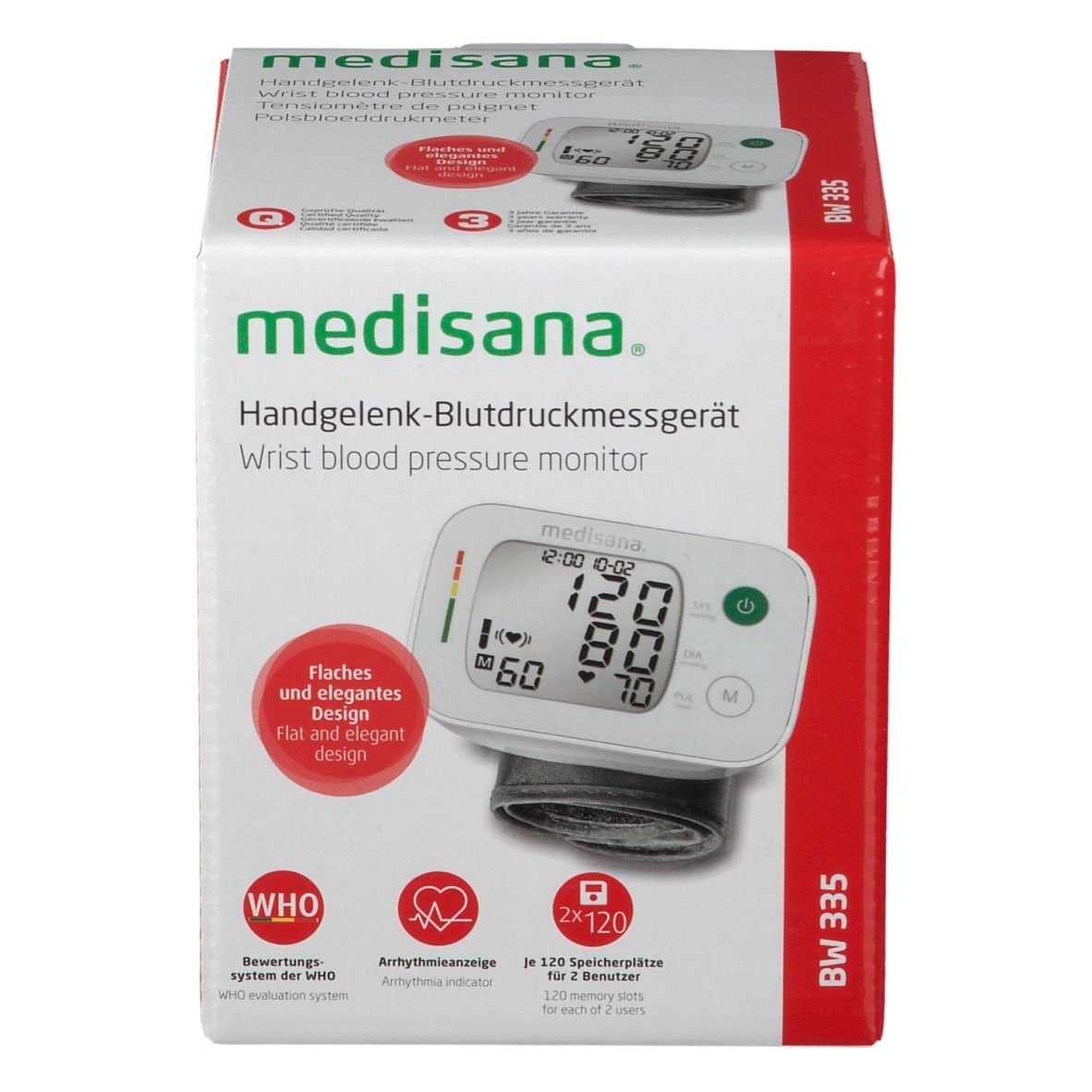 Verpackung des Handgelenk-Blutdruckmessgeräts BW 335. Weißes Gerät mit Display, roter und weißer Karton. Medisana-Logo.
