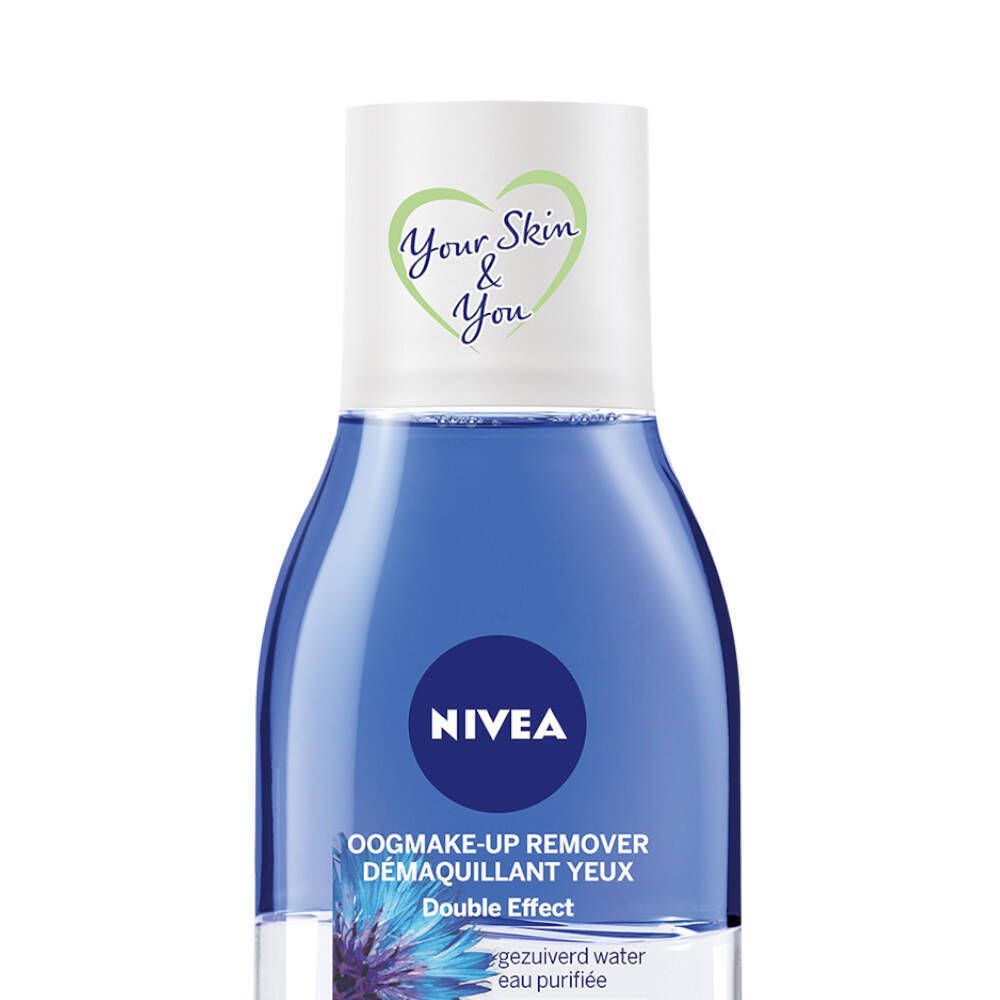 Nahaufnahme der NIVEA Augen-Make-up-Entferner-Flasche. Blaue Flüssigkeit, weißer Deckel. Aufschrift: NIVEA, OOGMAKE-UP REMOVER Double Effect.