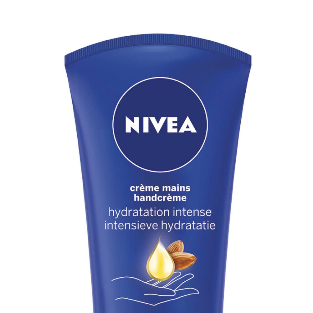 Blauwe tube met NIVEA-logo en tekst "crème mains handcrème". Illustratie van druppel en amandelen.