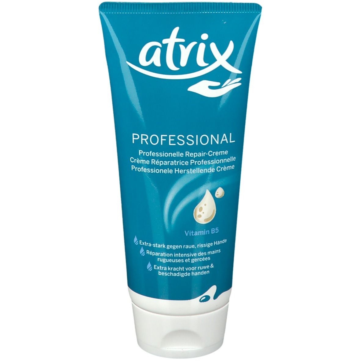 Tube turquoise avec bouchon blanc. Inscription: atrix PROFESSIONAL Repair-Creme. Symboles goutte et main.