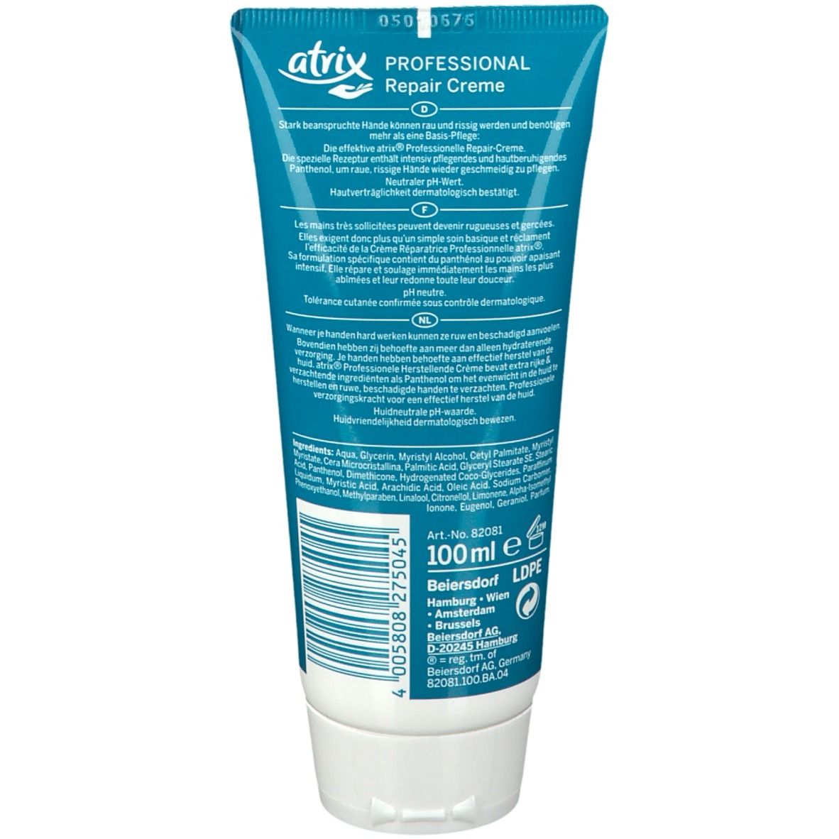 Dos du tube. Texte multilingue. Inscription: atrix PROFESSIONAL Repair Creme. Ingrédients et informations fabricant.