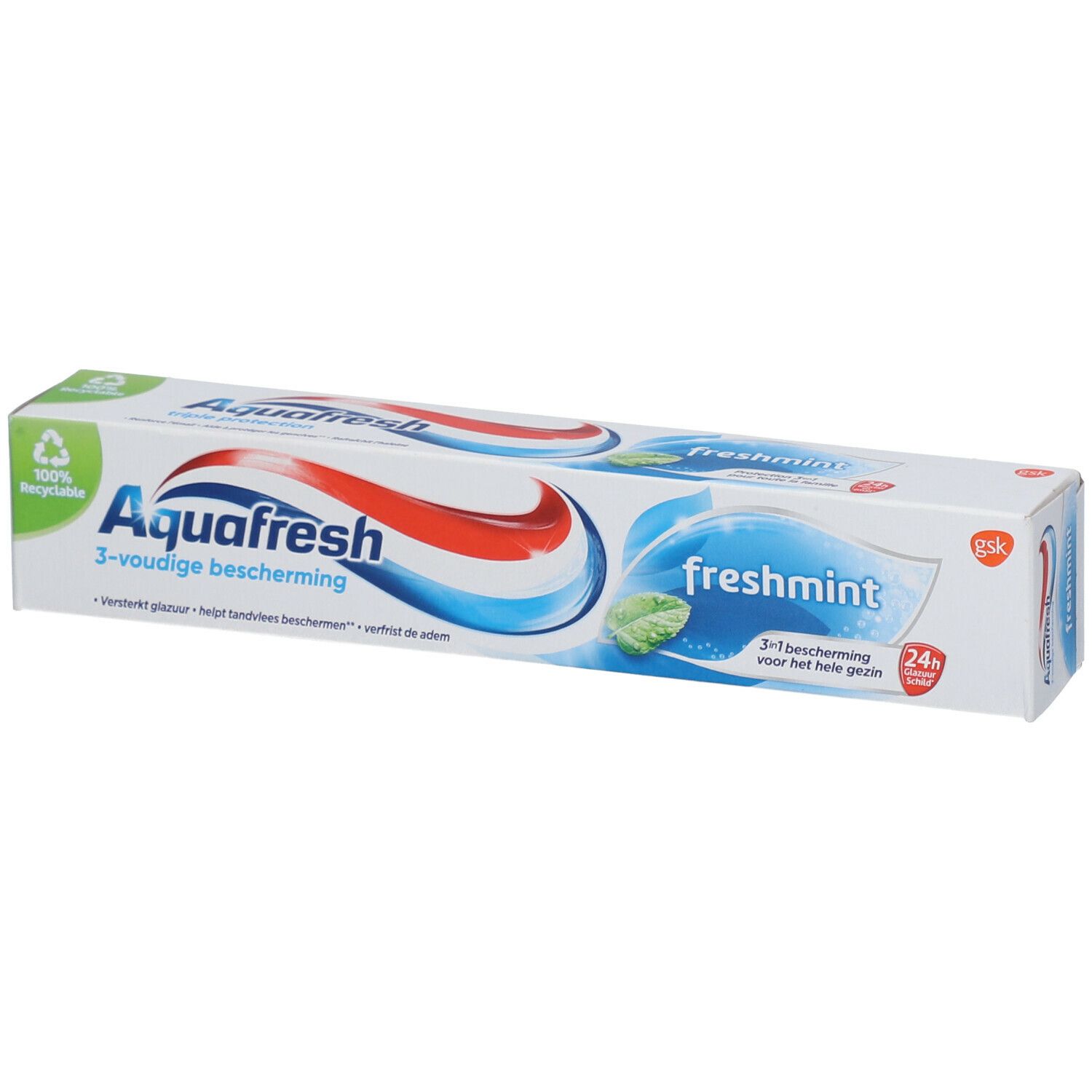Verpakking van Aquafresh freshmint tandpasta. Wit, blauw en rood. Opschrift: Aquafresh, freshmint, 3-voudige bescherming.
