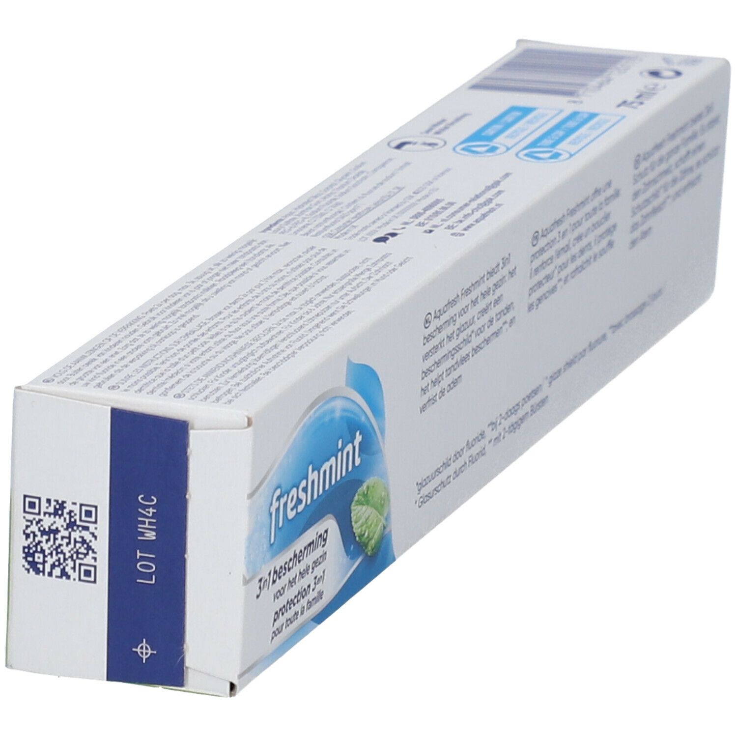 Verpakking van Aquafresh freshmint tandpasta. Wit, blauw en rood. Opschrift: Aquafresh, freshmint, 3-voudige bescherming.