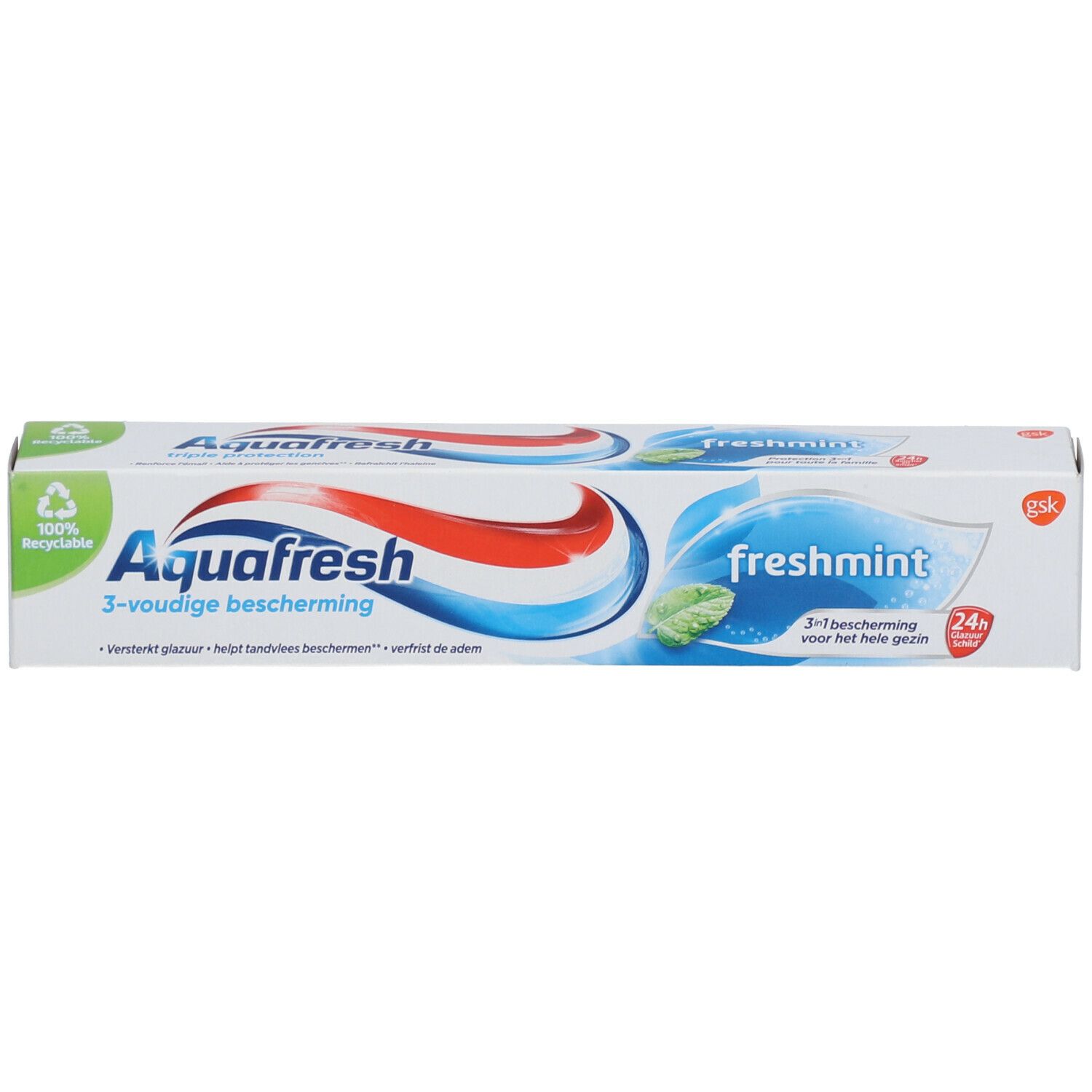 Verpakking van Aquafresh freshmint tandpasta. Wit, blauw en rood. Opschrift: Aquafresh, freshmint, 3-voudige bescherming.