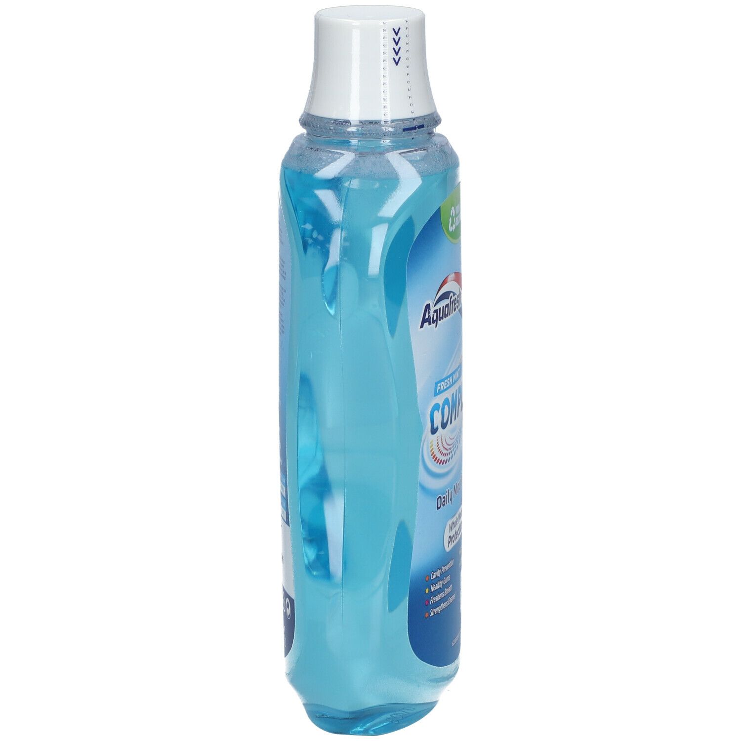 Mondspoelingfles, zijaanzicht. Blauwe vloeistof, witte dop. Opschrift: Aquafresh, Complete Care.