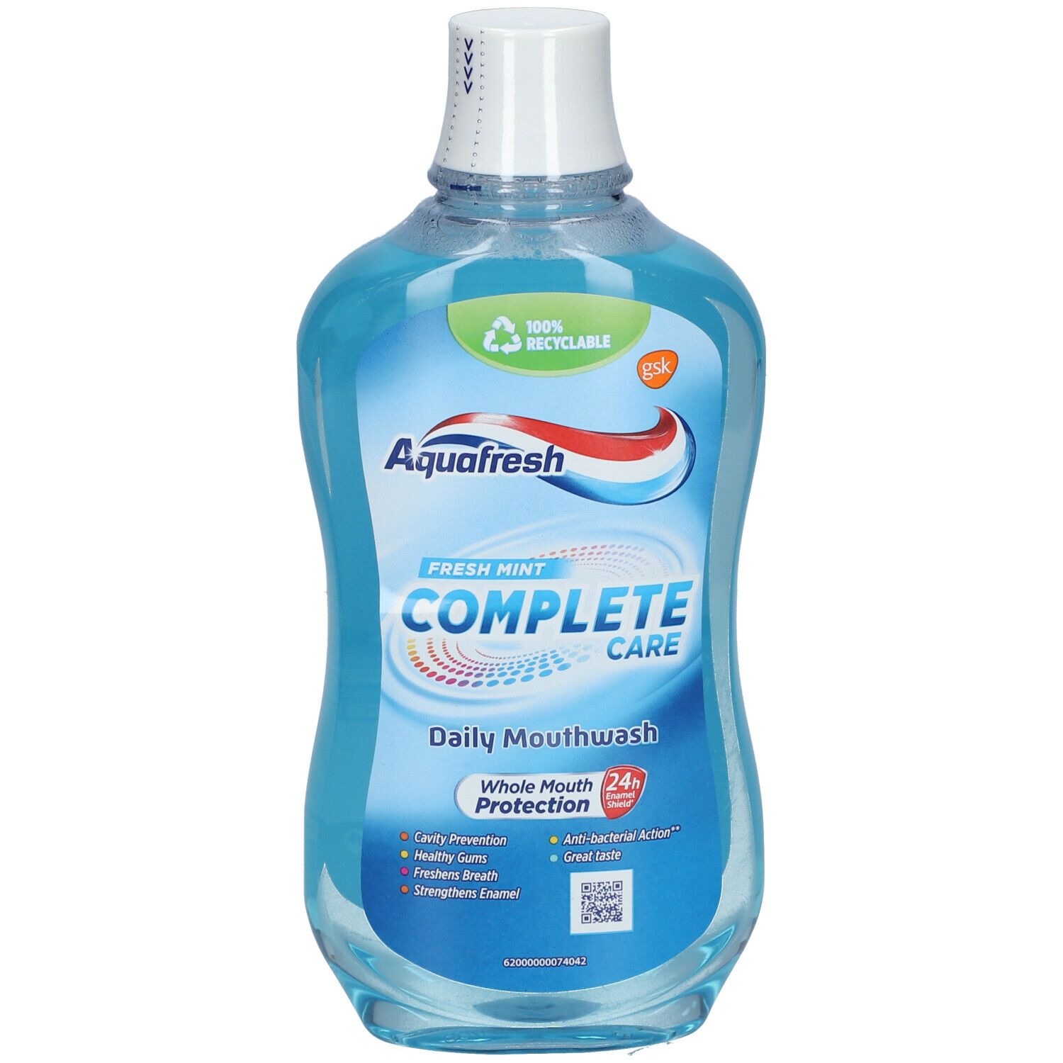 Mondspoelingfles, blauwe vloeistof, witte dop. Opschrift: Aquafresh, Complete Care, Fresh Mint.