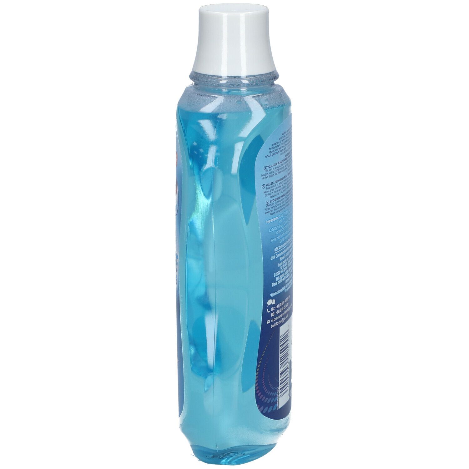 Mondspoelingfles, zijaanzicht. Blauwe vloeistof, witte dop. Opschrift: Aquafresh, productinformatie.