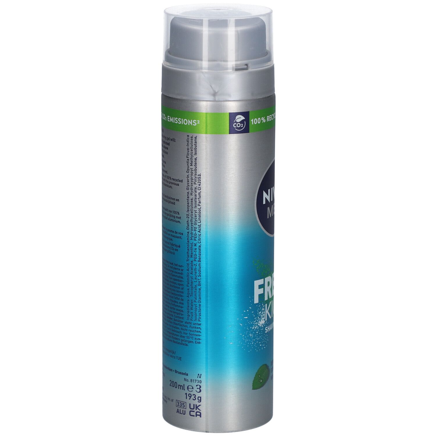 Gel à raser Nivea Men Fresh Kick. Dos du flacon avec texte. Argent, bleu et vert. Bouchon transparent. Texte : 200ml e 3, 193g.