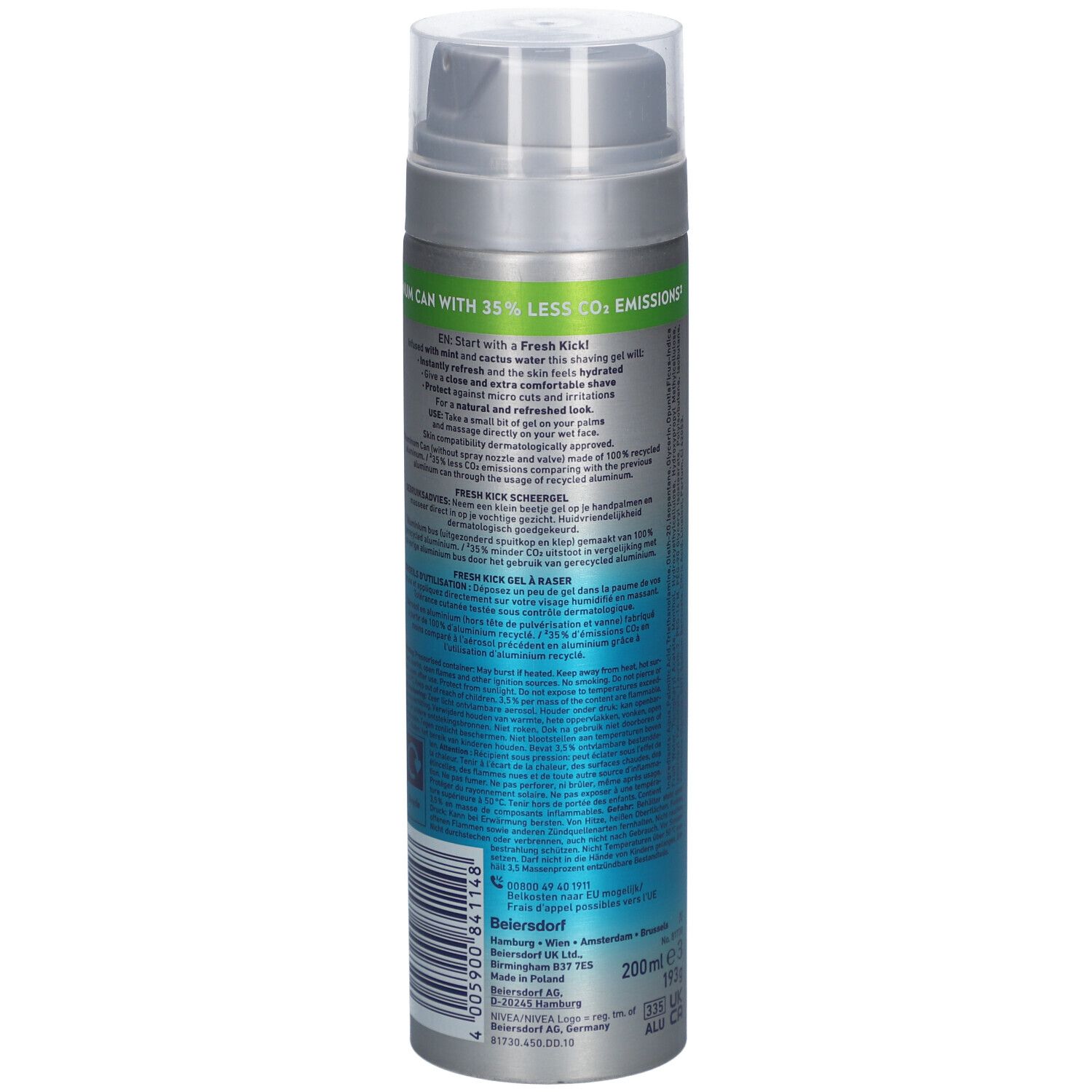 Gel à raser Nivea Men Fresh Kick. Dos du flacon avec texte. Argent, bleu et vert. Bouchon transparent. Texte : 200ml e 3, 193g.