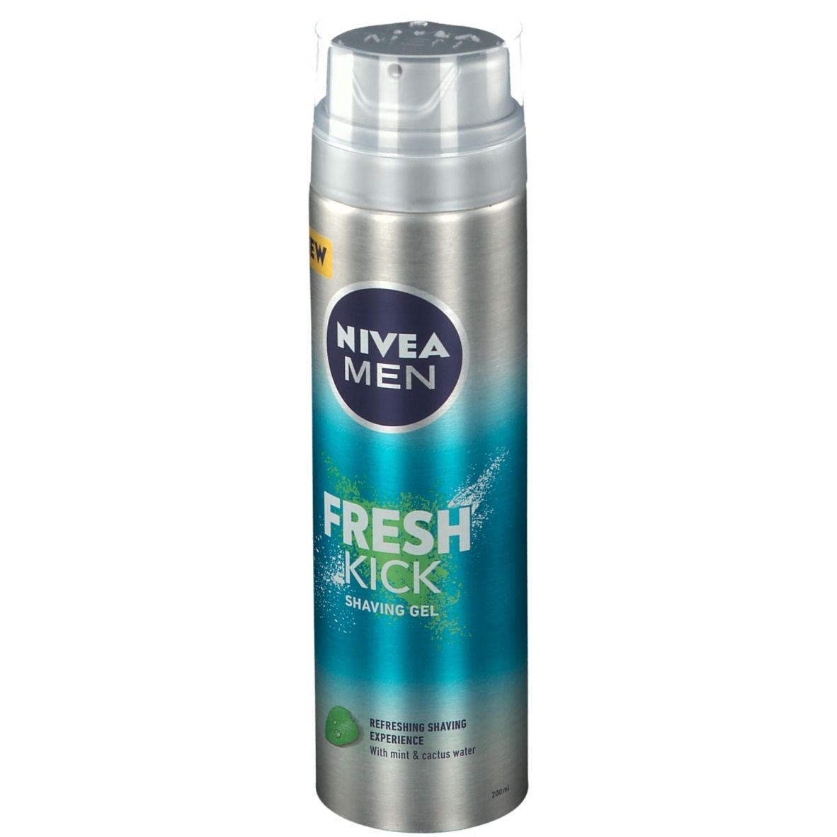 Gel à raser Nivea Men Fresh Kick. Flacon argenté, design bleu et vert. Bouchon transparent. Texte : Fresh Kick, Shaving Gel.