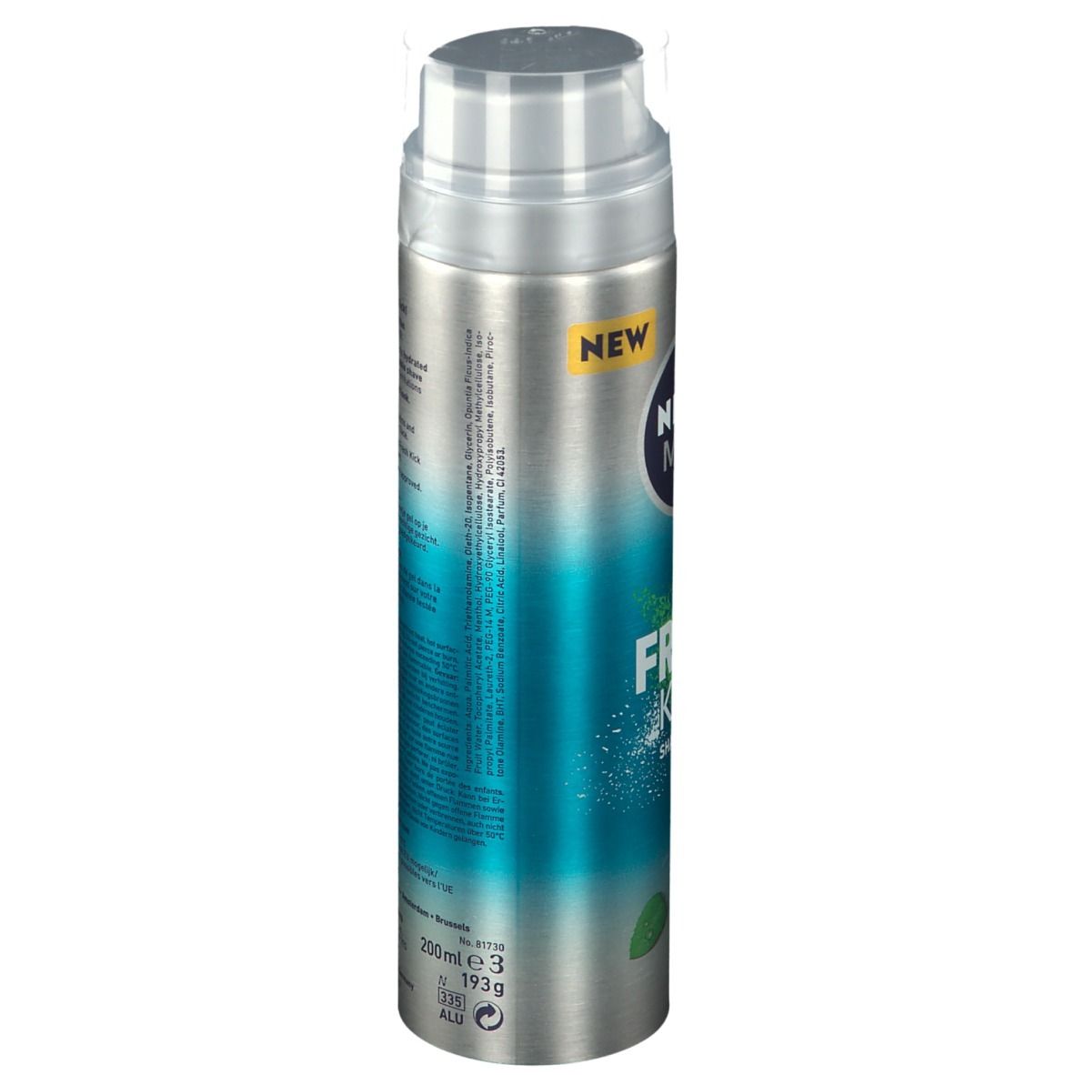 Gel à raser Nivea Men Fresh Kick. Dos du flacon avec texte. Argent, bleu et vert. Bouchon transparent. Texte : 200ml e 3, 193g.