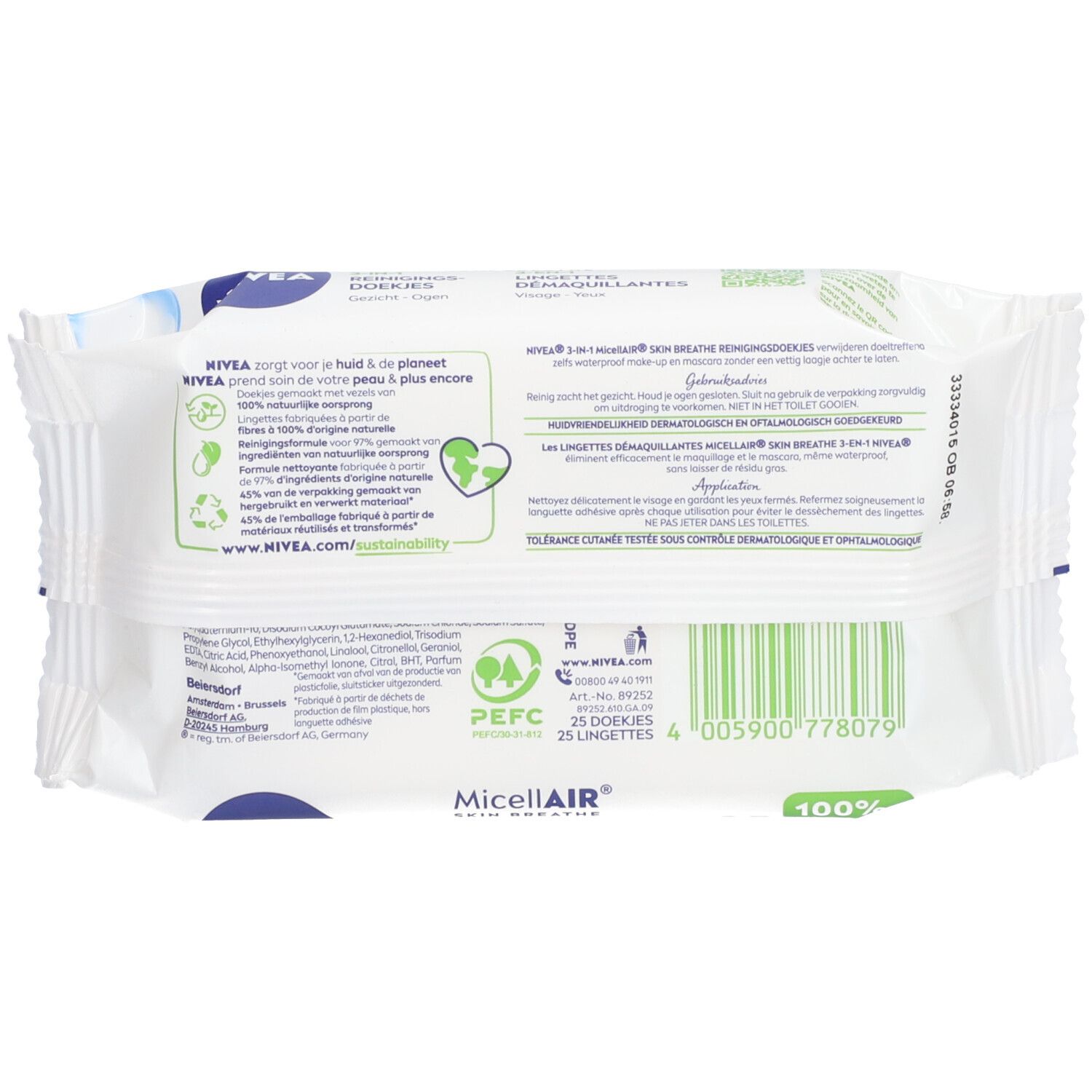Achterkant verpakking Nivea MicellAIR. Informatie en barcode. 25 doekjes. 100% plantaardig weefsel.