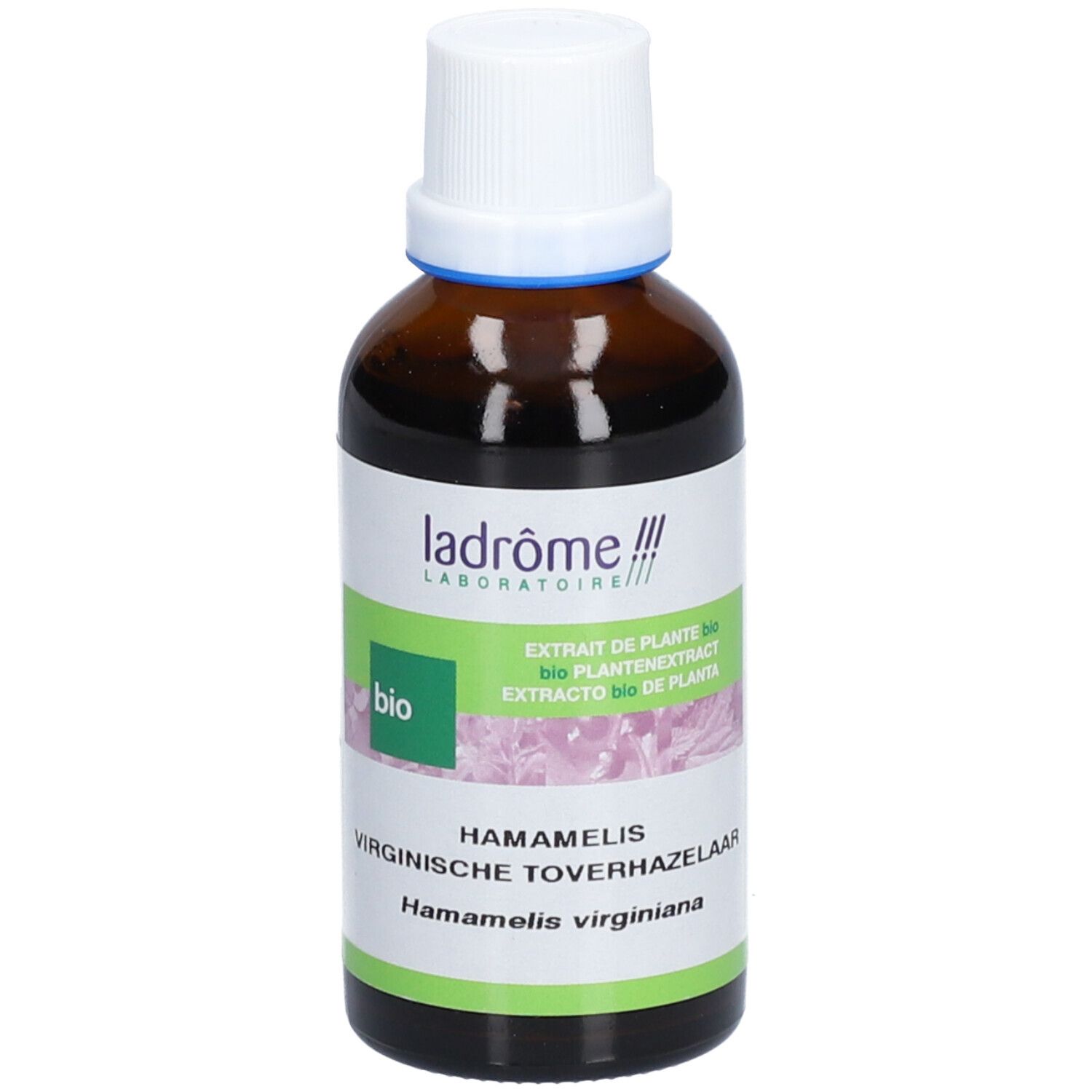 Bruine glazen fles met witte dop en etiket. Productnaam en logo zichtbaar.