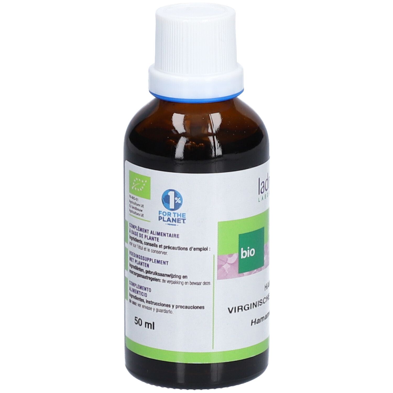 Bruine glazen fles met witte dop en etiket. Bio-certificering en productinformatie.