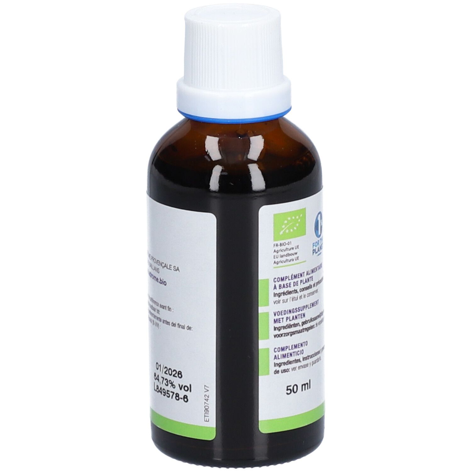 Bruine glazen fles met witte dop en etiket. Achterkant met productinformatie en certificeringen.