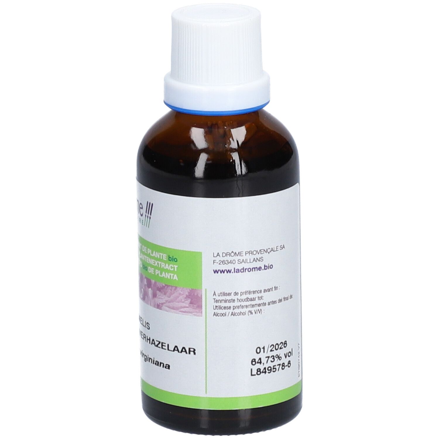 Bruine glazen fles met witte dop en etiket. Etiket met productinformatie en houdbaarheidsdatum.