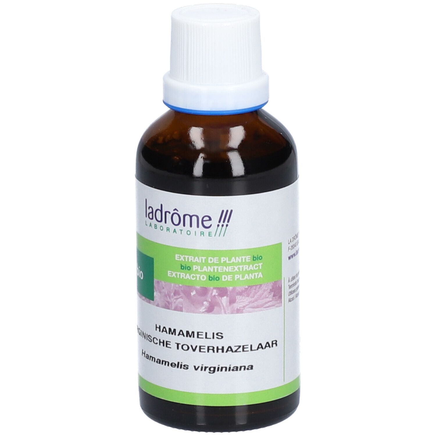 Bruine glazen fles met witte dop en etiket. Productnaam en logo duidelijk zichtbaar.