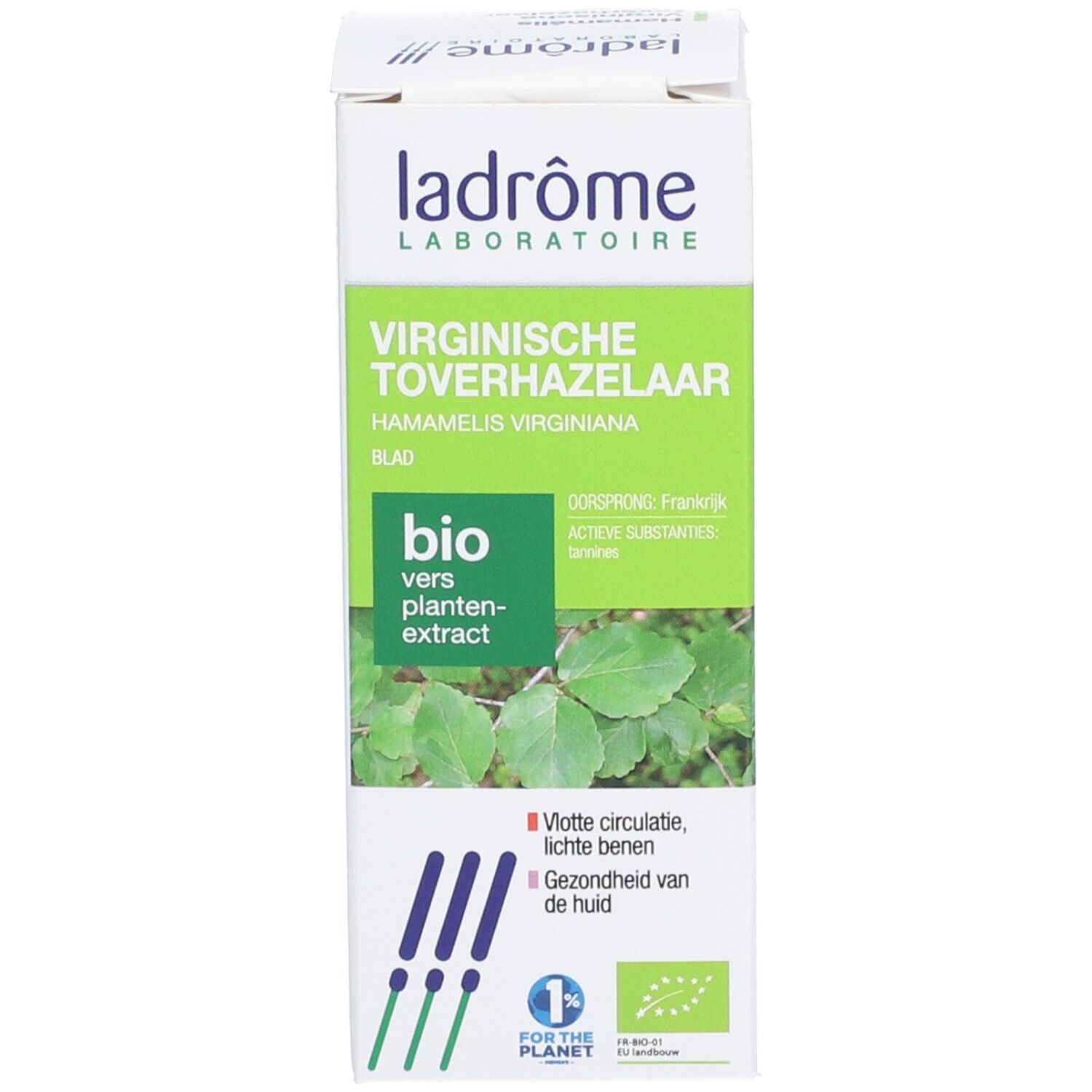 Productverpakking met logo, tekst en bio-certificering. Een plantenblad is afgebeeld.