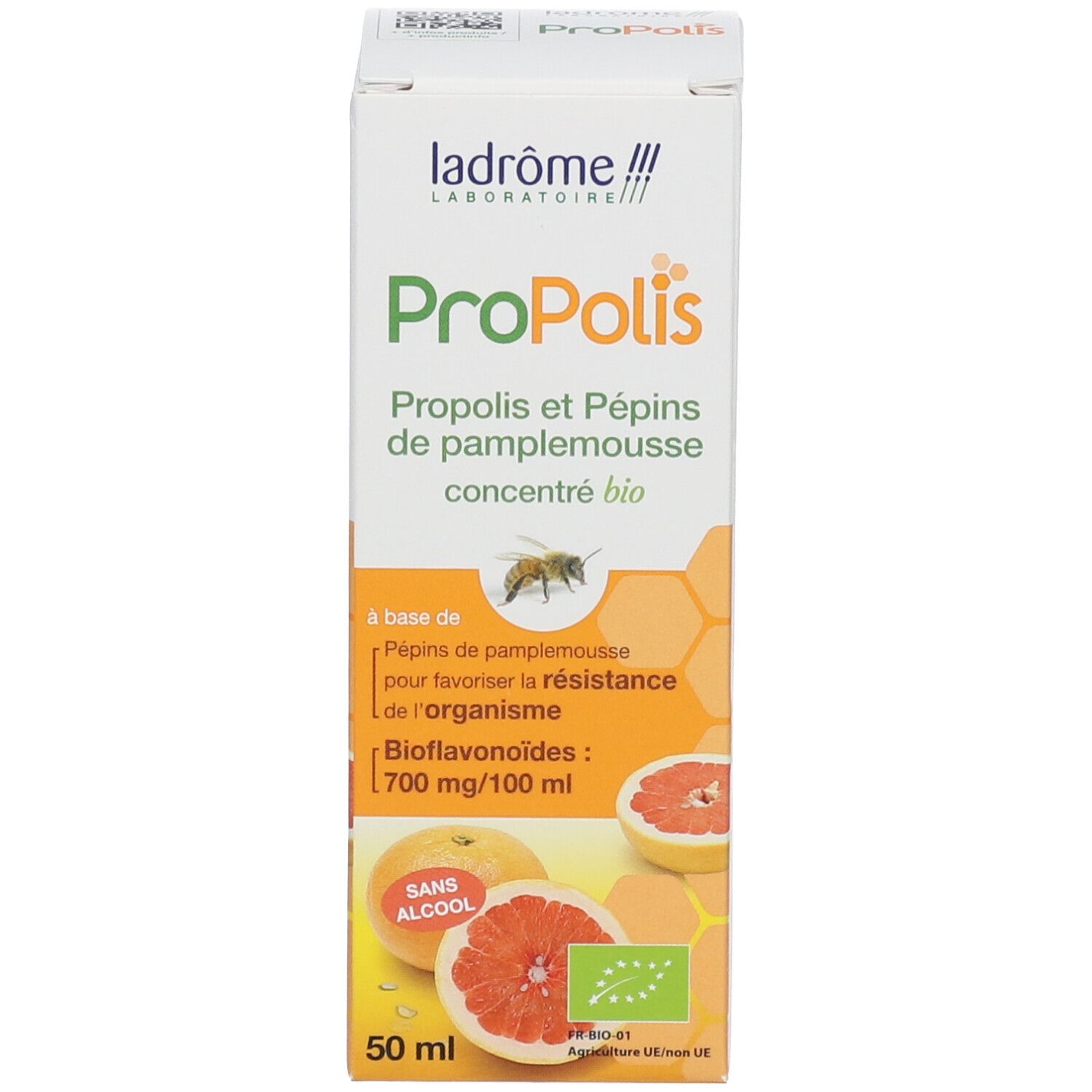 Emballage du produit. Blanc avec design orange. Nom et logo du produit. Certification bio.