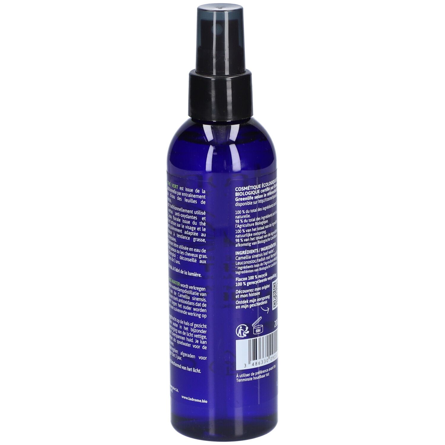 Achterkant van een blauwe spuitfles. Tekst en QR-code. Opschrift: 200ml, houdbaar tot 01/2025.