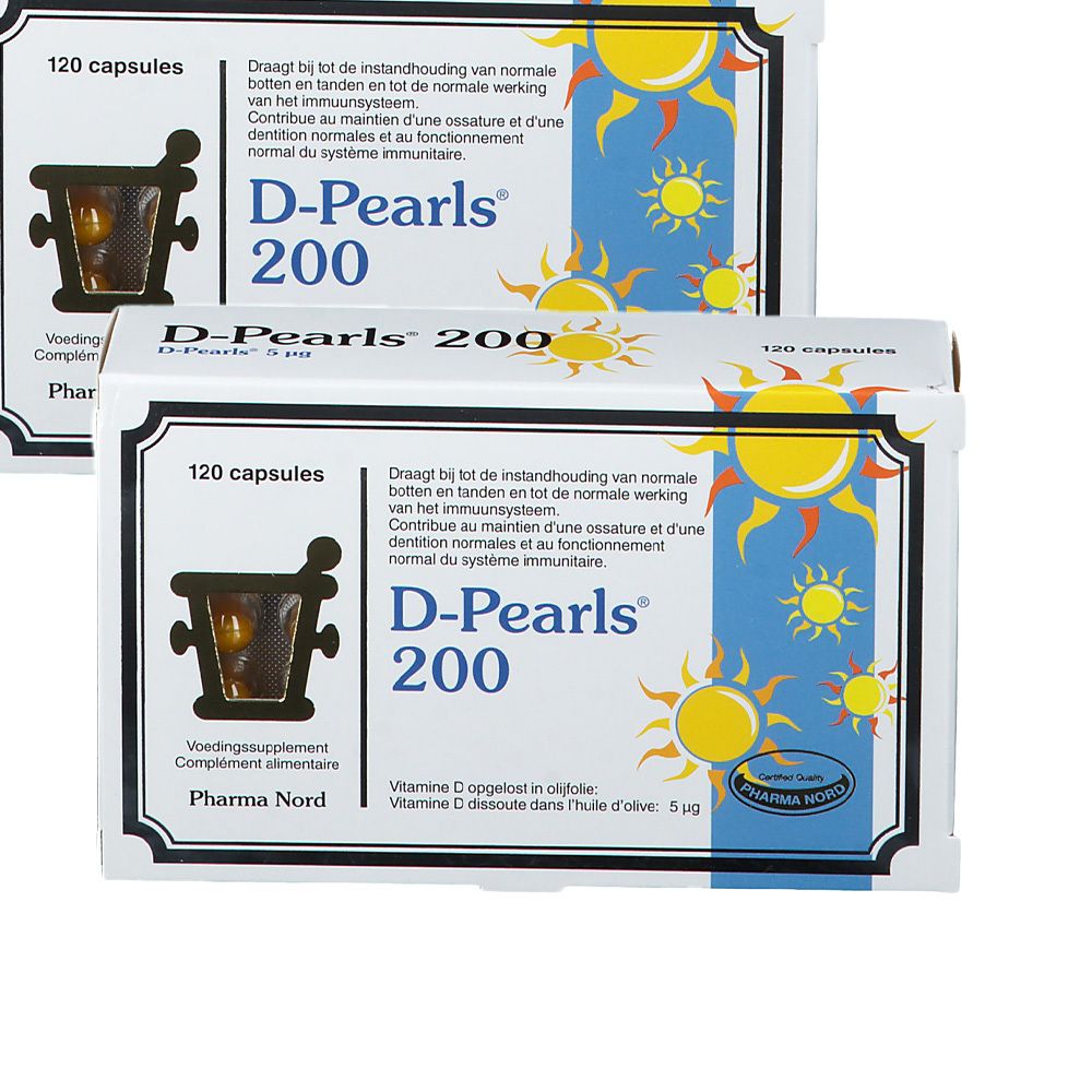 Deux boîtes blanches "D-Pearls 200". Texte en néerlandais et français. Logo Pharma Nord. 120 capsules.