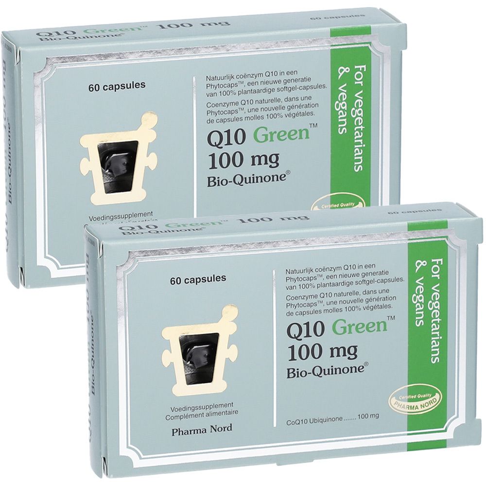Deux boîtes de Q10 Green 100 mg Bio-Quinone. Inscription : Pour végétariens et végétaliens. Contient 60 gélules.