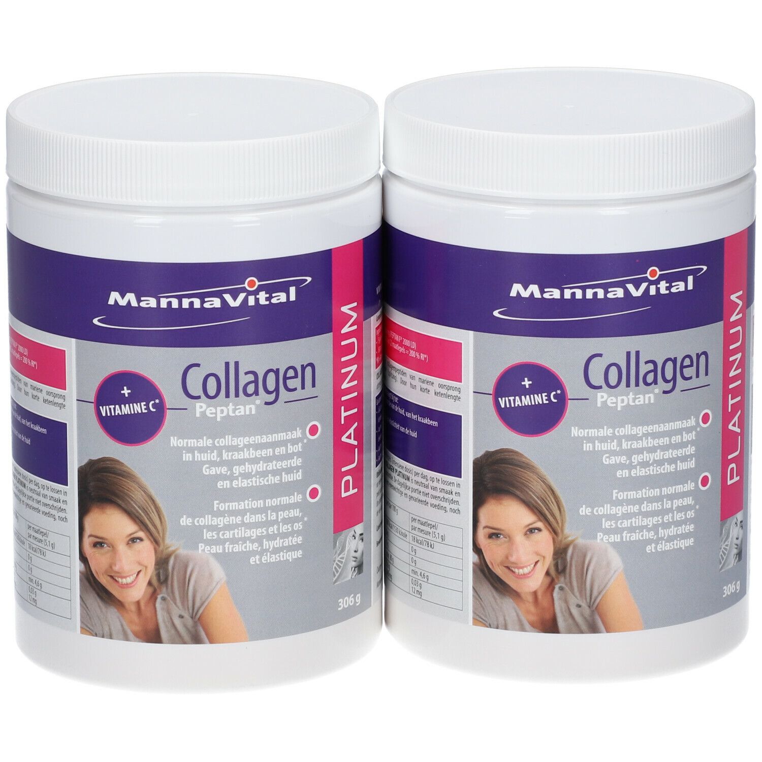 Deux pots avec couvercles blancs et étiquettes violettes. Inscription: MannaVital Collagen Peptan, Vitamine C. Image d'une femme.