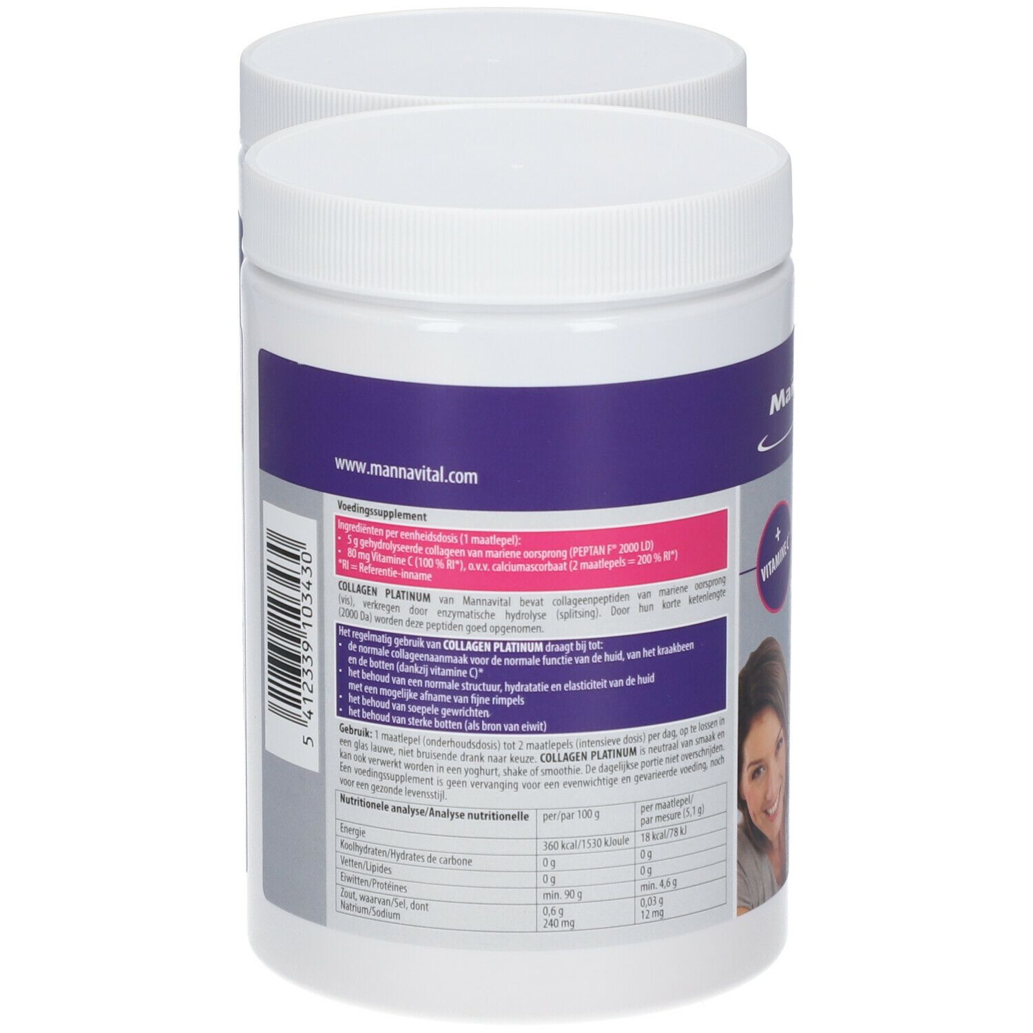 Deux pots avec couvercles blancs. Dos avec texte et informations nutritionnelles. Inscription: MannaVital. Code-barres et coordonnées.