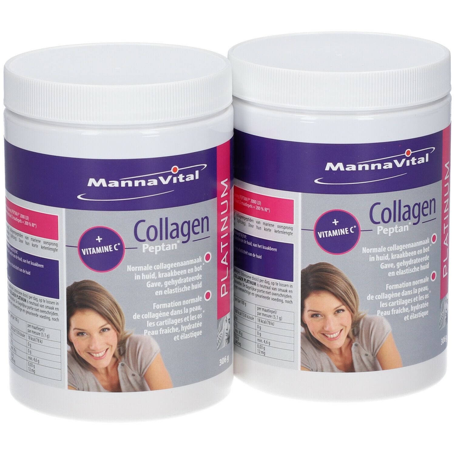 Deux pots avec couvercles blancs et étiquettes violettes. Inscription: MannaVital Collagen Peptan, Vitamine C. Image d'une femme.