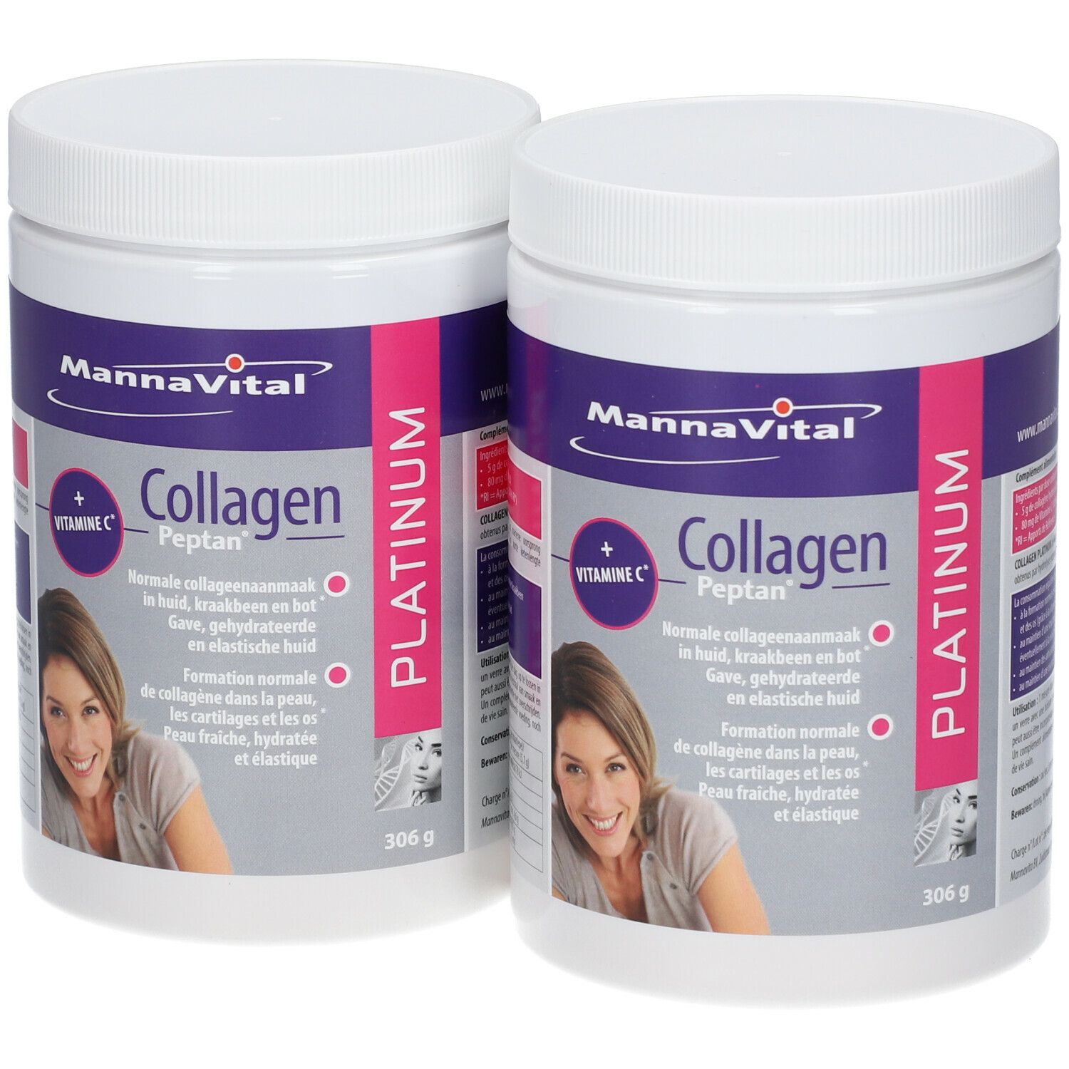 Deux pots avec couvercles blancs et étiquettes violettes. Inscription: MannaVital Collagen Peptan, Vitamine C. Image d'une femme.