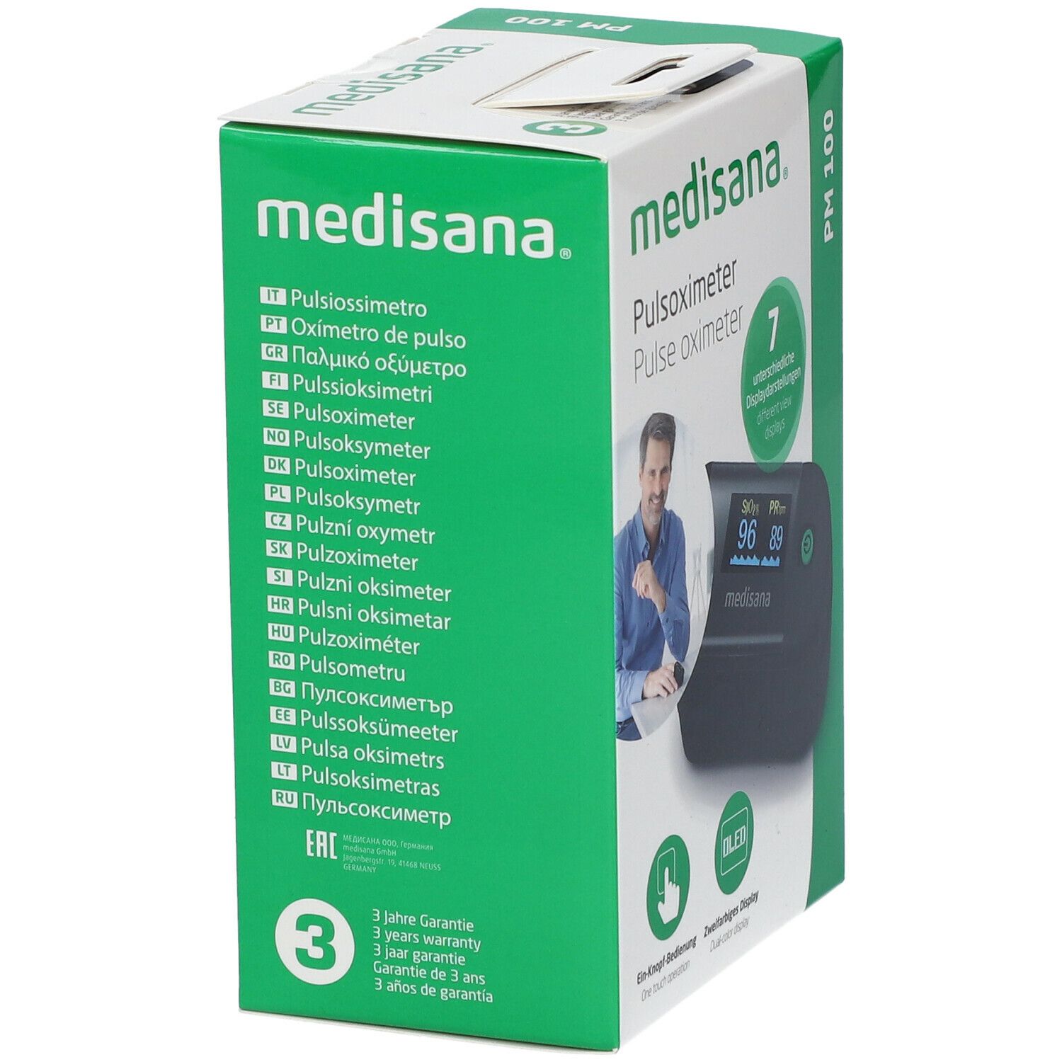 Verpakking van de Medisana pulsoximeter PM 100. Op de zijkant staan vertalingen in verschillende talen en het logo afgebeeld.