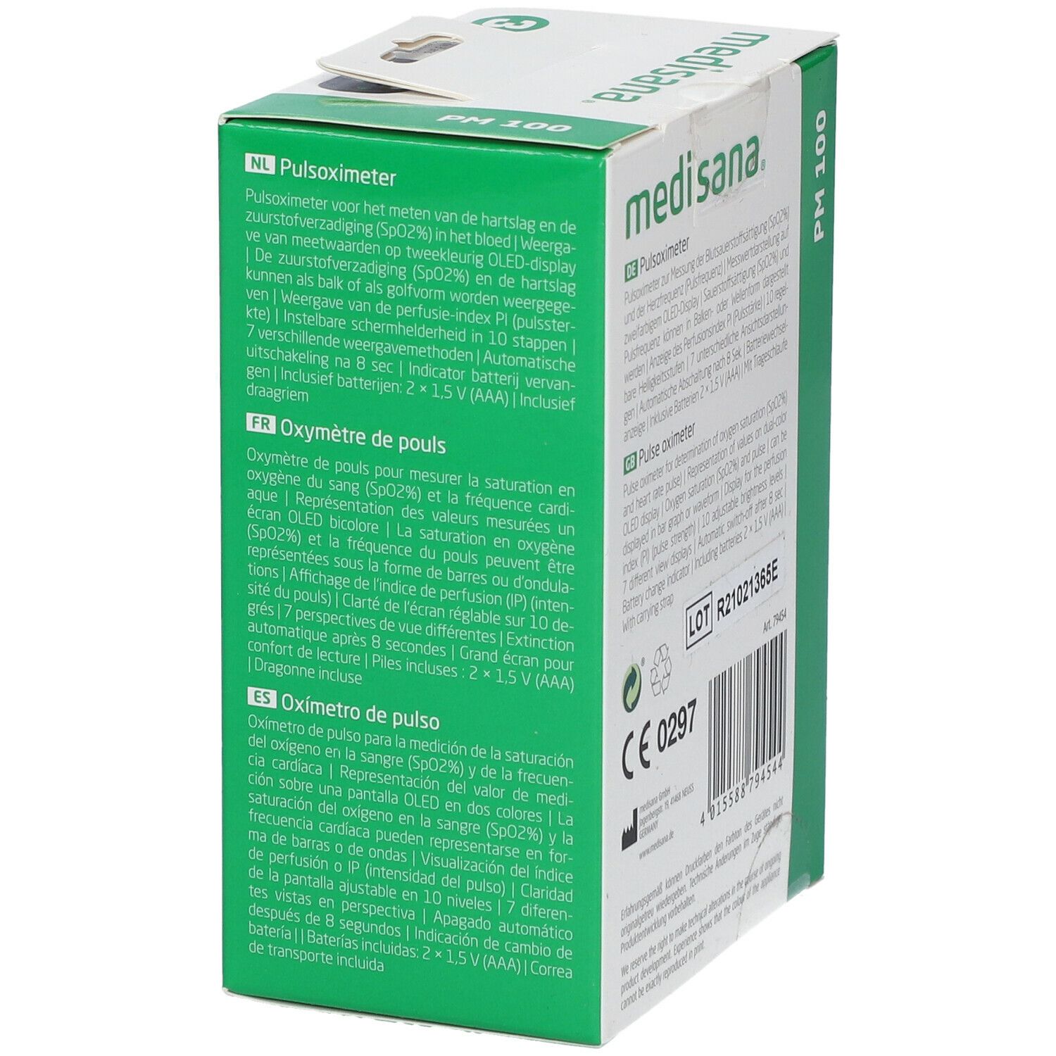 Zijkant van de verpakking van de Medisana pulsoximeter PM 100. Tekst: Pulsoximeter, CE-markering, lotnummer, barcode.