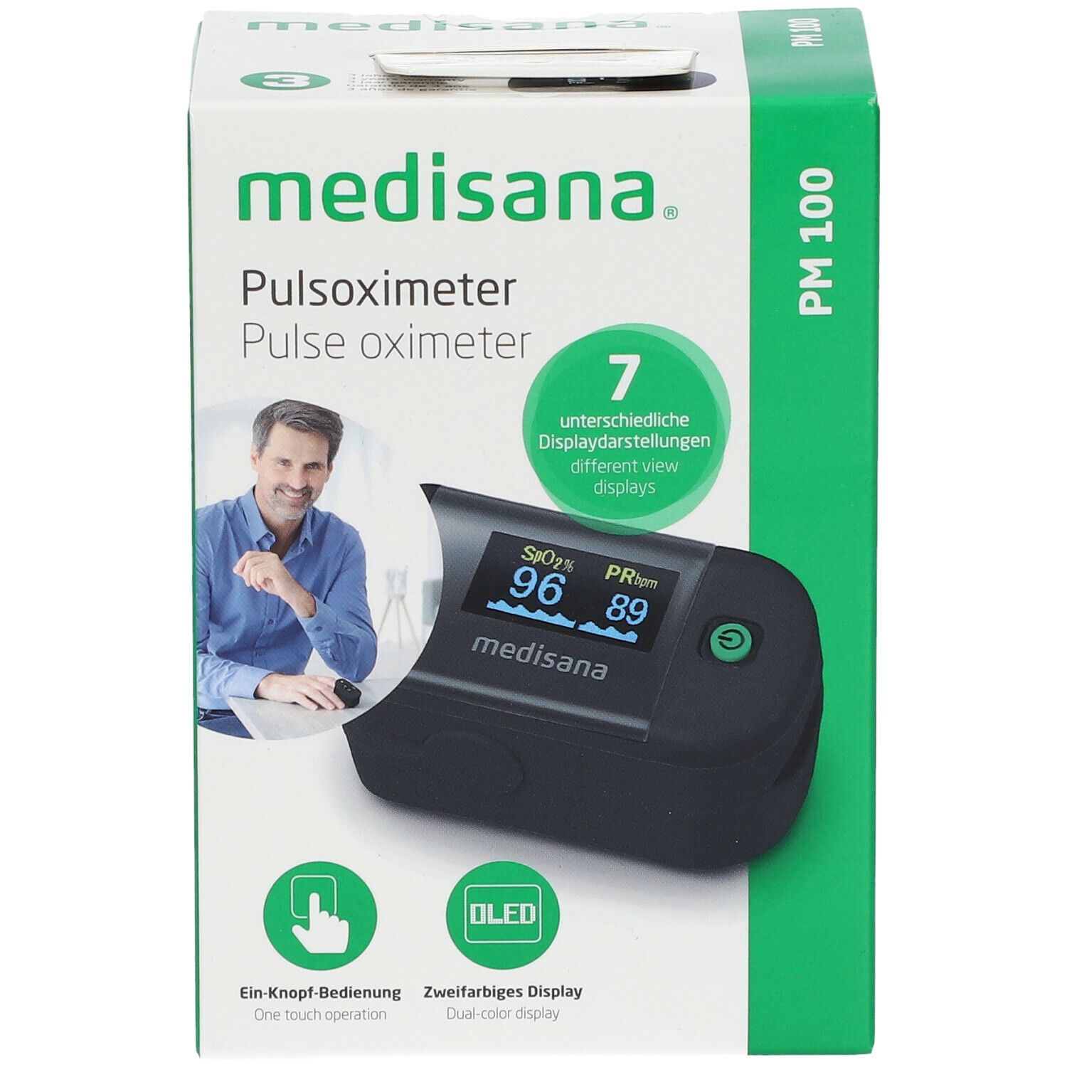 Verpakking van de Medisana pulsoximeter PM 100. Op de voorkant is het apparaat met display afgebeeld. Tekst: Pulsoximeter, OLED.